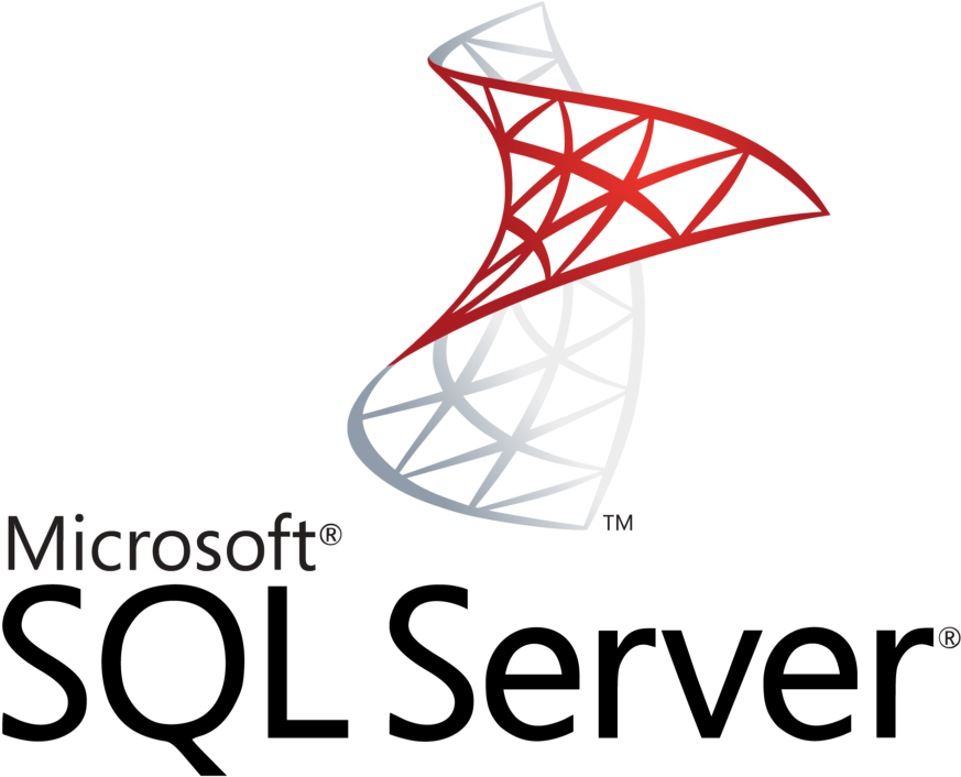 微軟SQL Server標誌 壁紙 — 一個風格化的紅色和銀色抽象標誌，背景為黑色，下方有 Microsoft 文字。