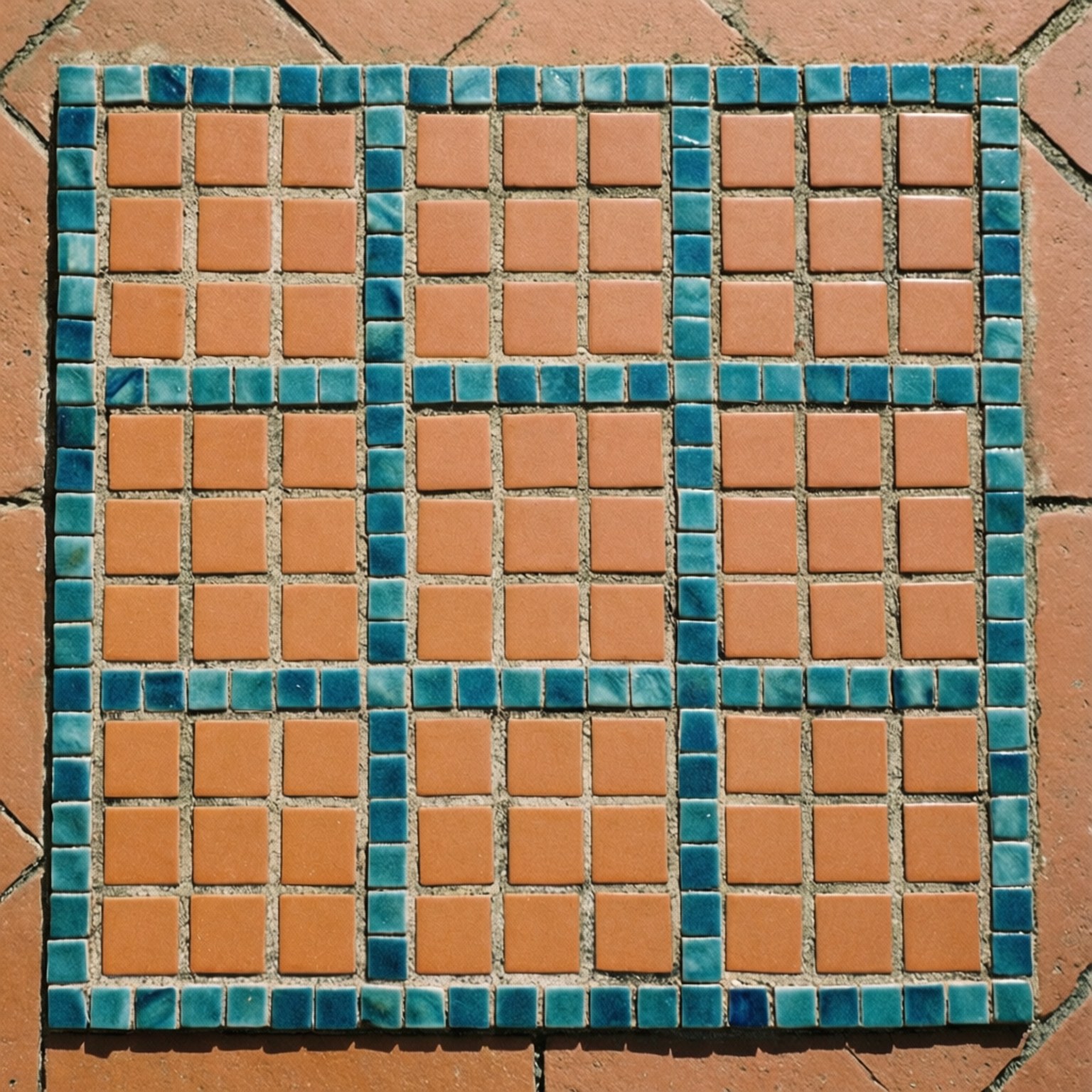 Mosaic Squares 壁紙 — 一個由赤陶色和藍綠色瓷磚組成的方形馬賽克，在陽光照射的瓷磚地板上形成網格圖案。