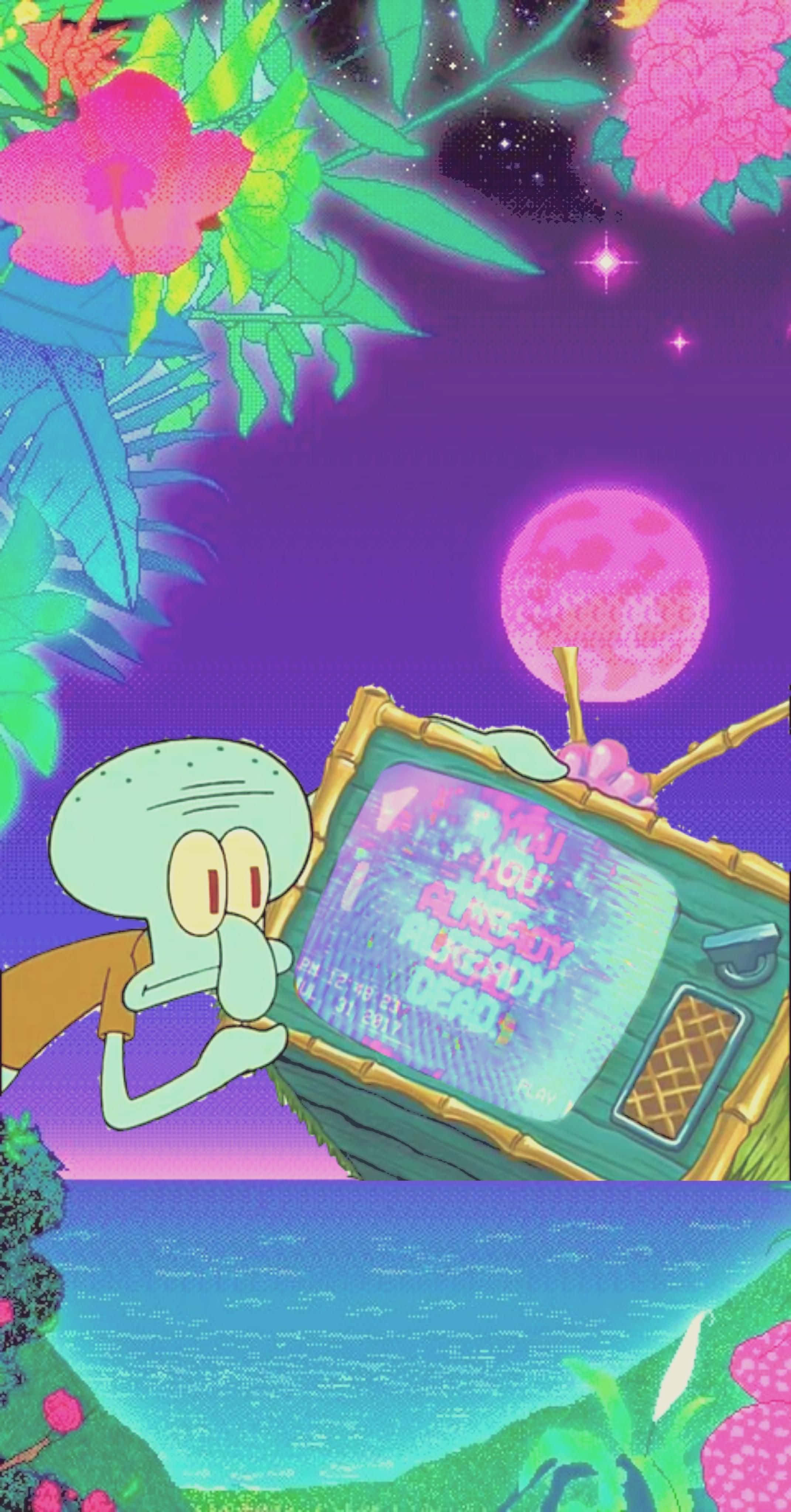 Squidward dank meme 圖片 壁紙 — Squidward 驚恐地盯著一部復古電視，螢幕顯示「YOU ALREADY DEAD」，背景是超現實的熱帶夜空，掛著一輪粉紅色的月亮。