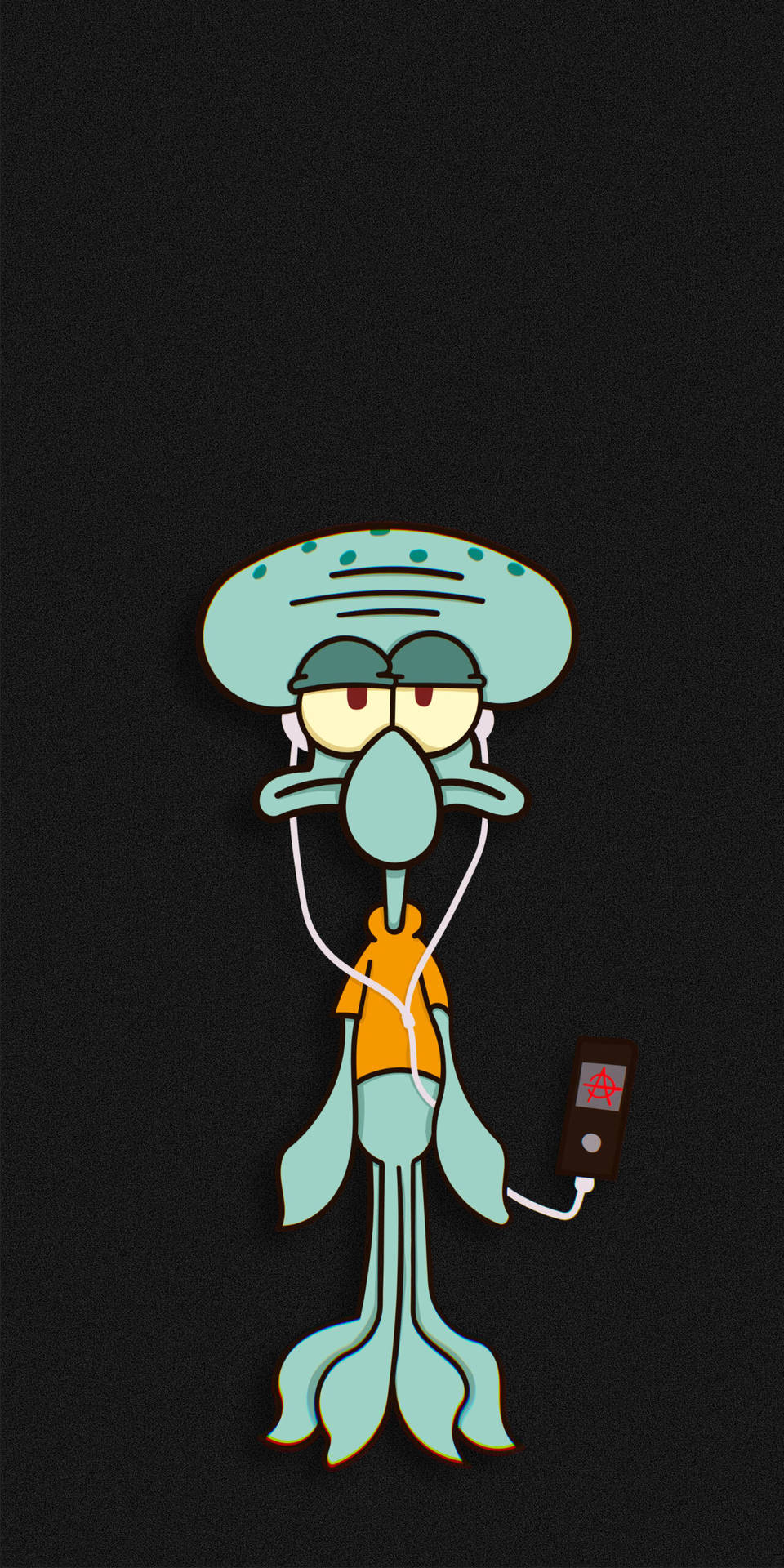 Squidward Tentacles 戴著耳塞和電話聽音樂。