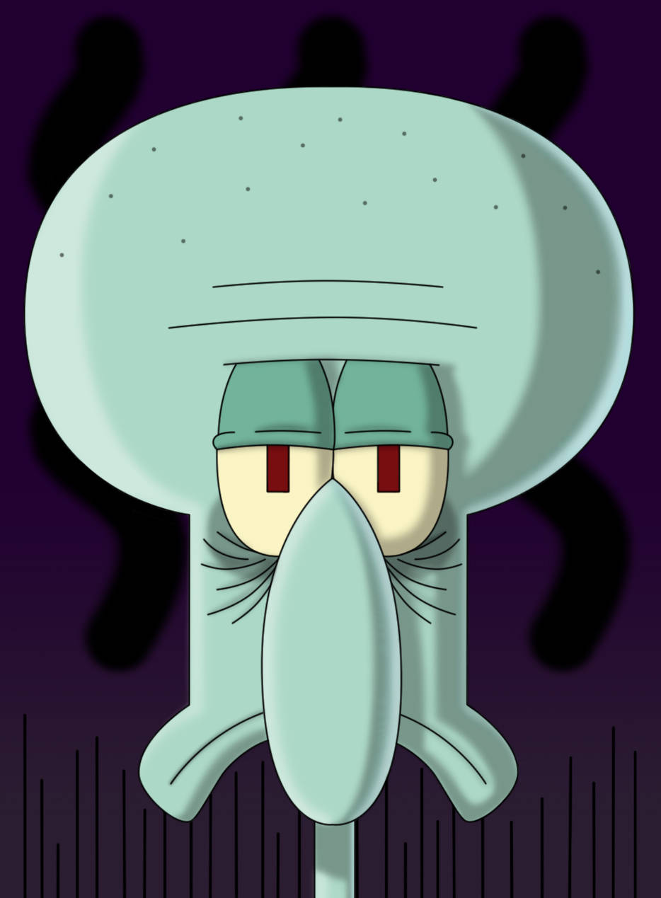 Squidward Tentacles 在深紫色背景上，帶有憤怒的紅色眼睛。
