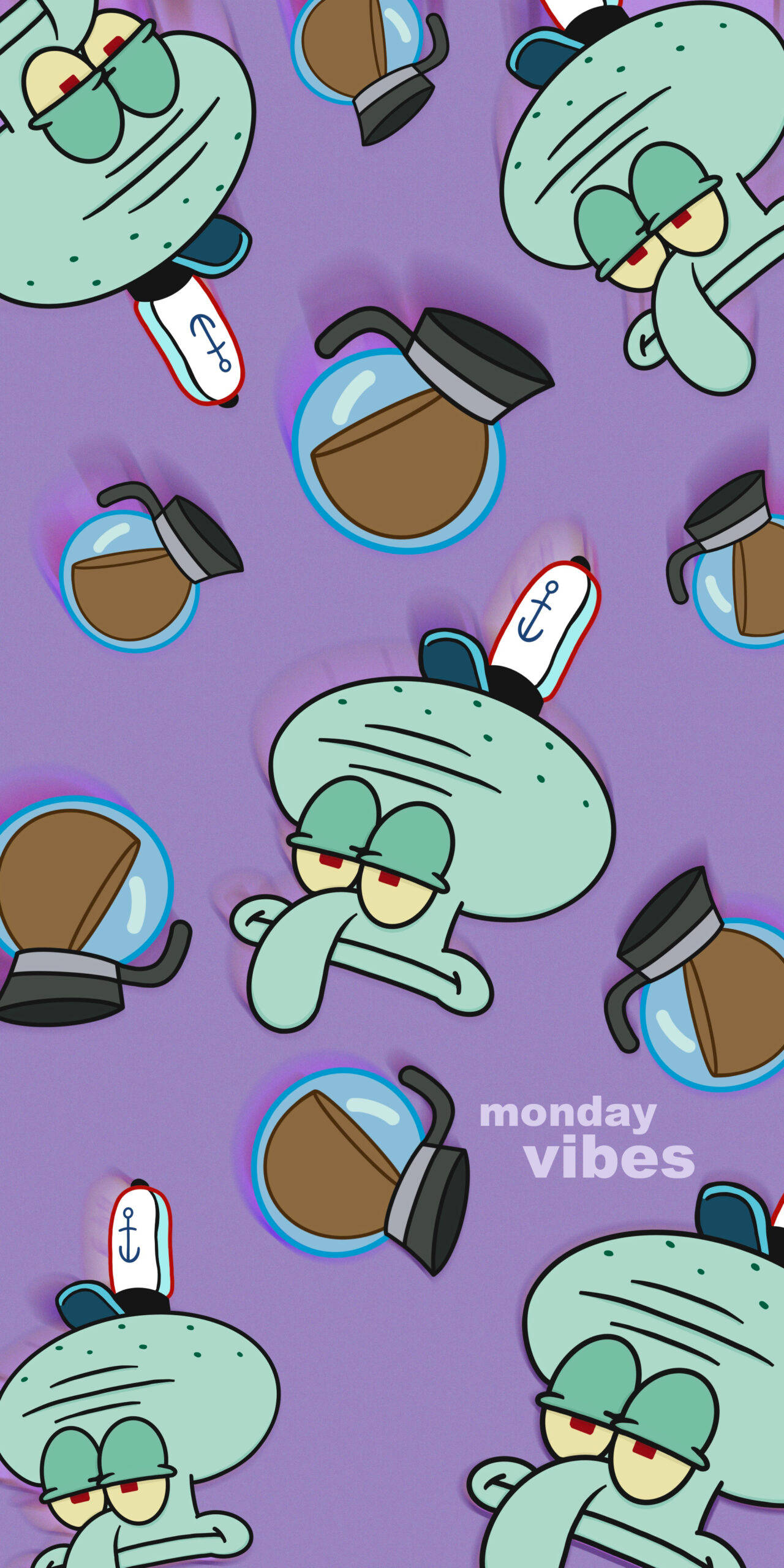 海绵宝宝 桌布 壁紙 — Squidward 帶咖啡壺和錨帽重複在紫色背景上，帶有 'monday vibes' 文字。
