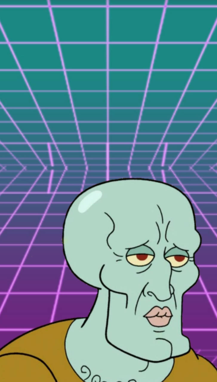 Squidward 桌布 壁紙 — Squidward 站在充滿活力的復古未來風格網格背景前，帶有青綠色和紫色色調。