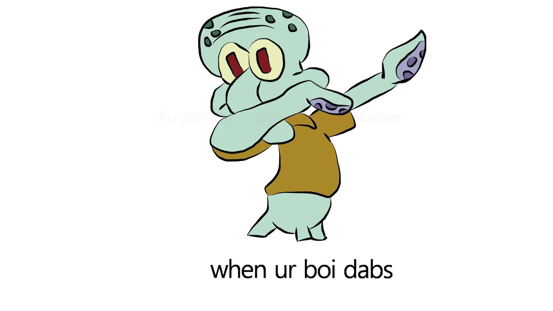 章魚哥以卡通風格做出 dab 動作，身穿棕色襯衫，眼睛睜大。