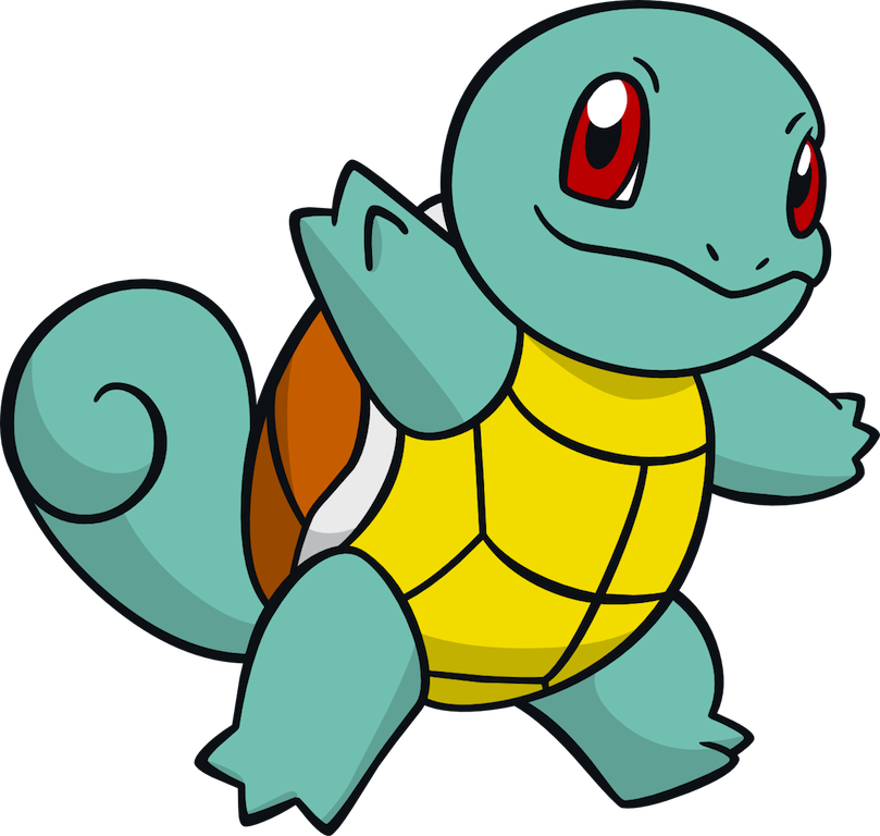 Squirtle 寶可夢角色插畫 壁紙 — 一隻開心的卡通烏龜寶可夢，擁有青綠色皮膚、紅色眼睛和黃色殼，帶著友好的微笑向前走。