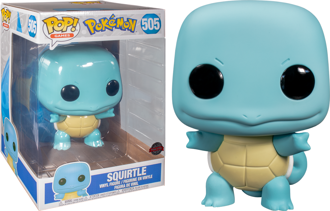 寶可夢Squirtle Funko Pop乙烯基公仔 壁紙 — 一個淺藍色嘅 Funko Pop! 車厘龜嘅乙烯基公仔企喺佢嘅原裝包裝旁邊，背景係黑色。