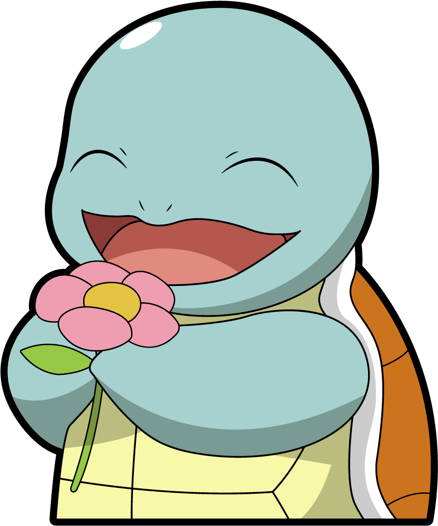 手持花朵的開心 squirtle 壁紙 — 一個快樂的卡通烏龜角色，一邊拿著粉紅色的花靠近笑臉，一邊開心地大笑。