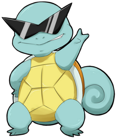 戴太陽眼鏡的酷炫Squirtle 壁紙 — 一隻戴著黑色太陽眼鏡、自信微笑揮手的酷卡通烏龜。