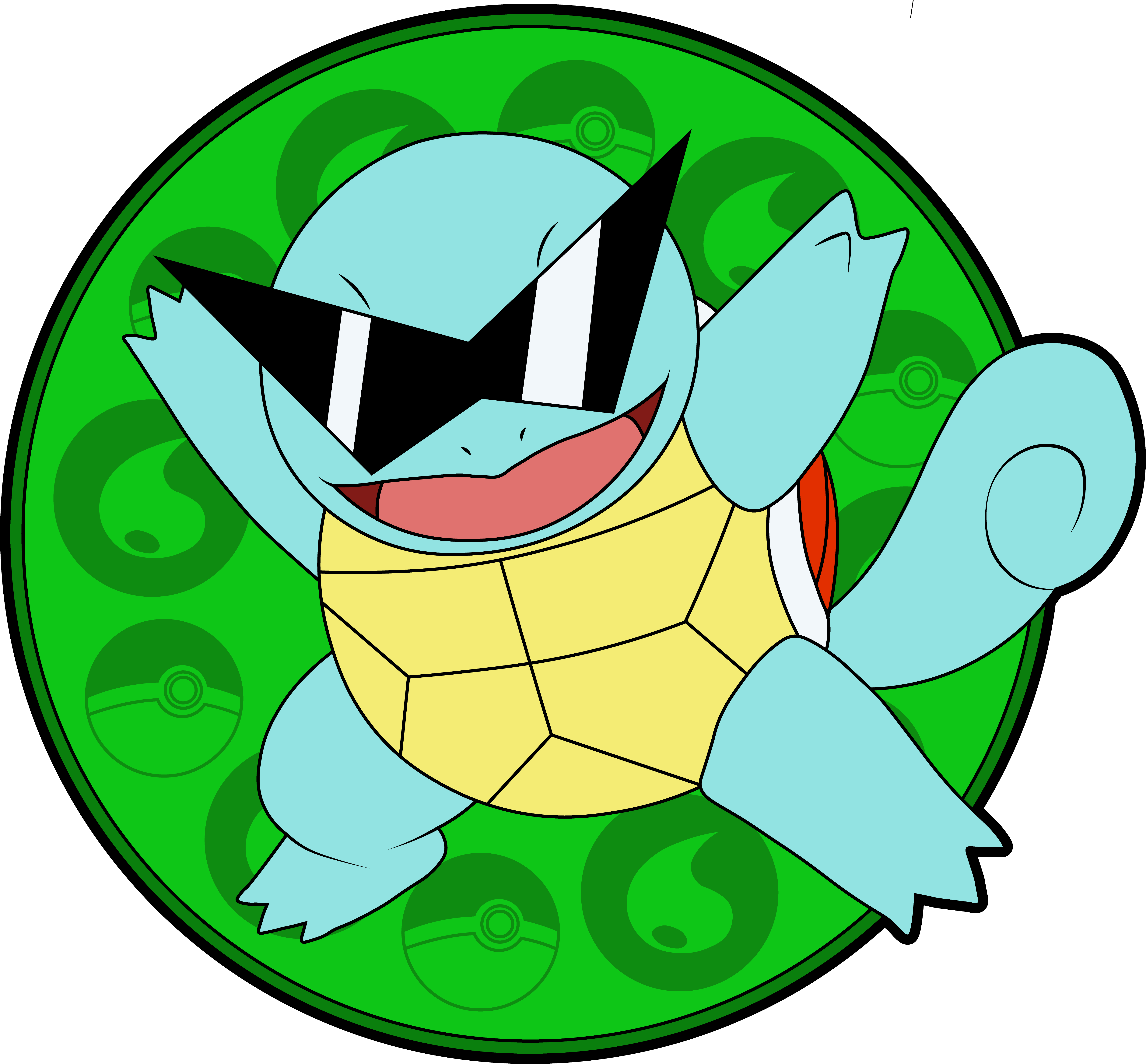 戴太陽眼鏡的 squirtle 壁紙 — 一隻卡通烏龜寶可夢戴著超大的黑色太陽眼鏡，在綠色圓形背景上自信地微笑，背景有精靈球圖案。