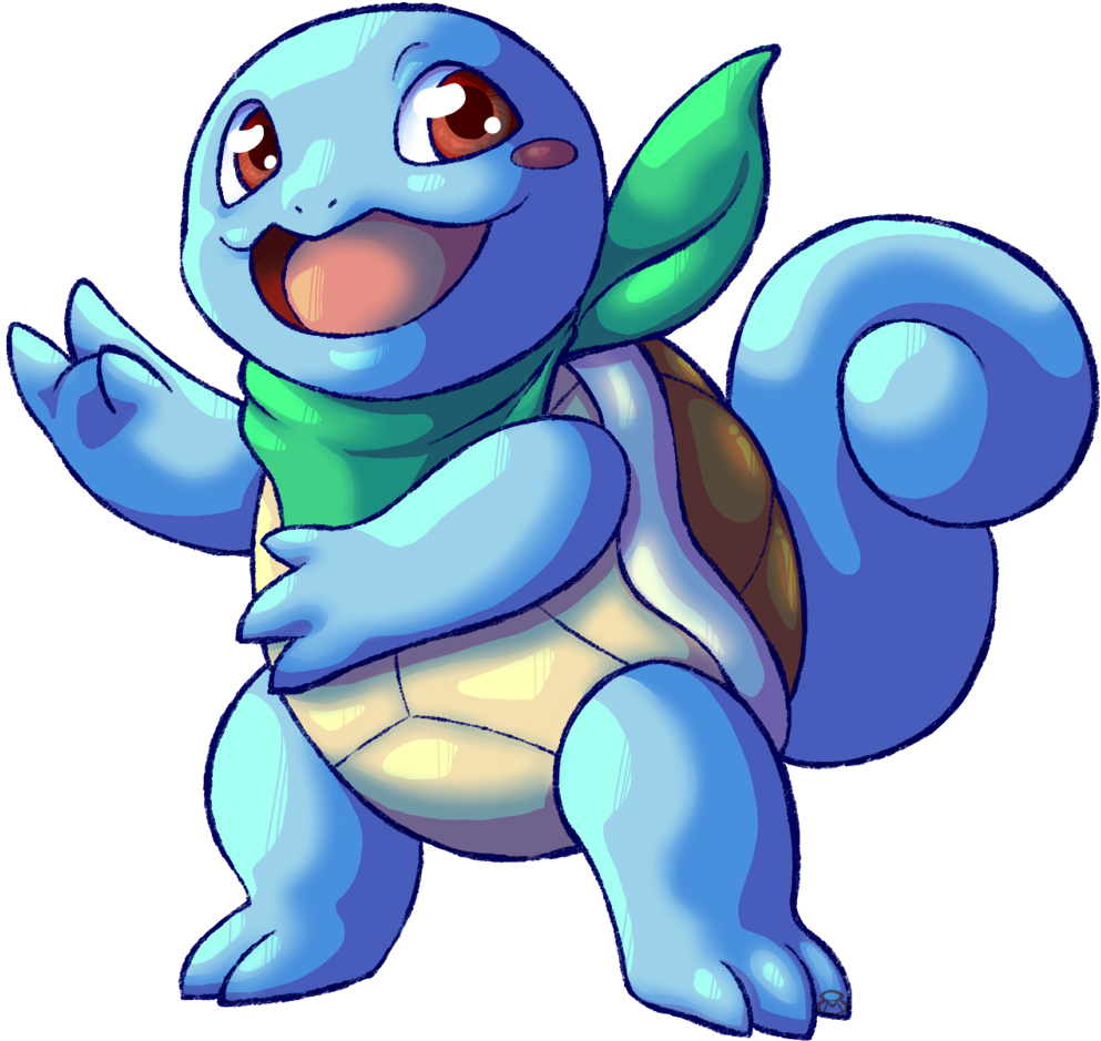 開心的 Squirtle 插畫 壁紙 — 一隻快樂的藍色卡通烏龜，頭上有一片綠葉，在黑色背景上開心地揮手。