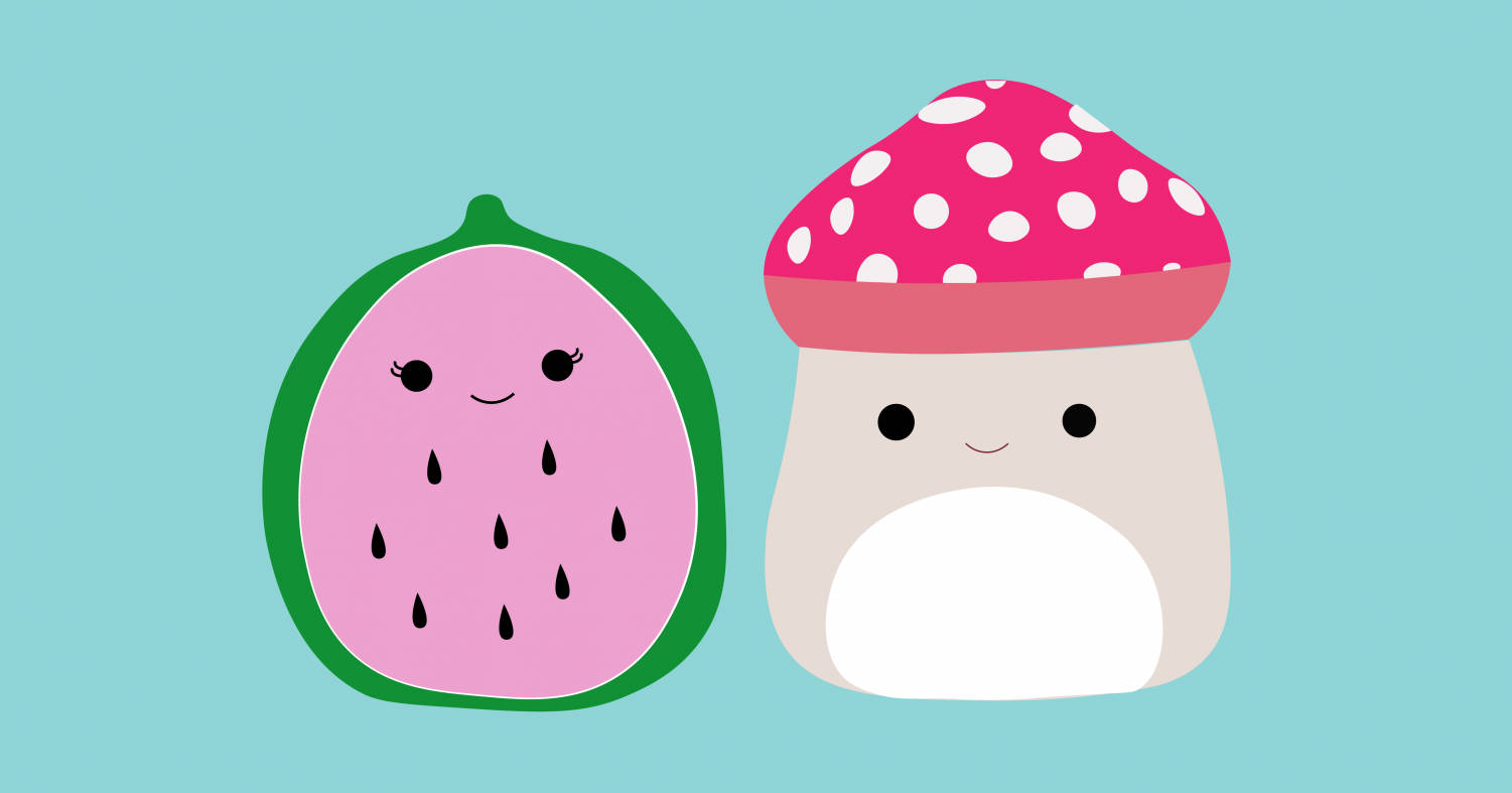 藍色背景卡通Squishmallows 壁紙 — 兩個可愛的卡通角色，一塊西瓜片和一個粉紅色圓點蘑菇，在淺藍色背景上微笑。