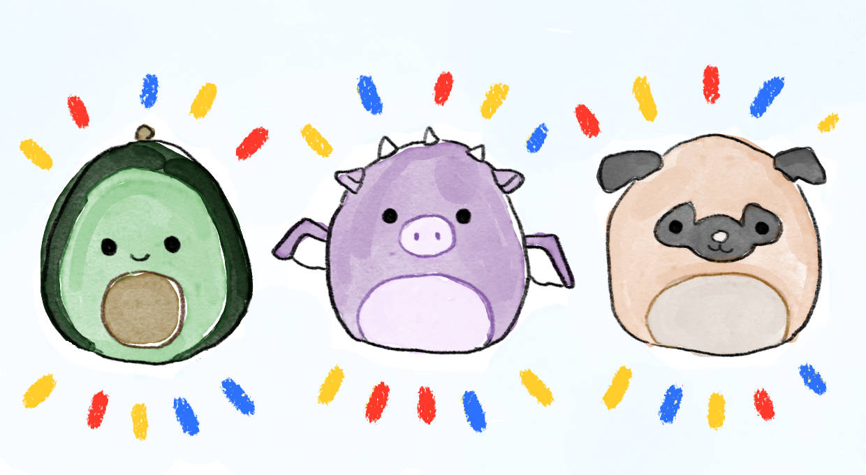 Squishmallows卡通繪畫 壁紙 — 三個可愛的插圖角色：一個牛油果、一條紫色龍和一隻八哥犬，被色彩繽紛的紙屑包圍。