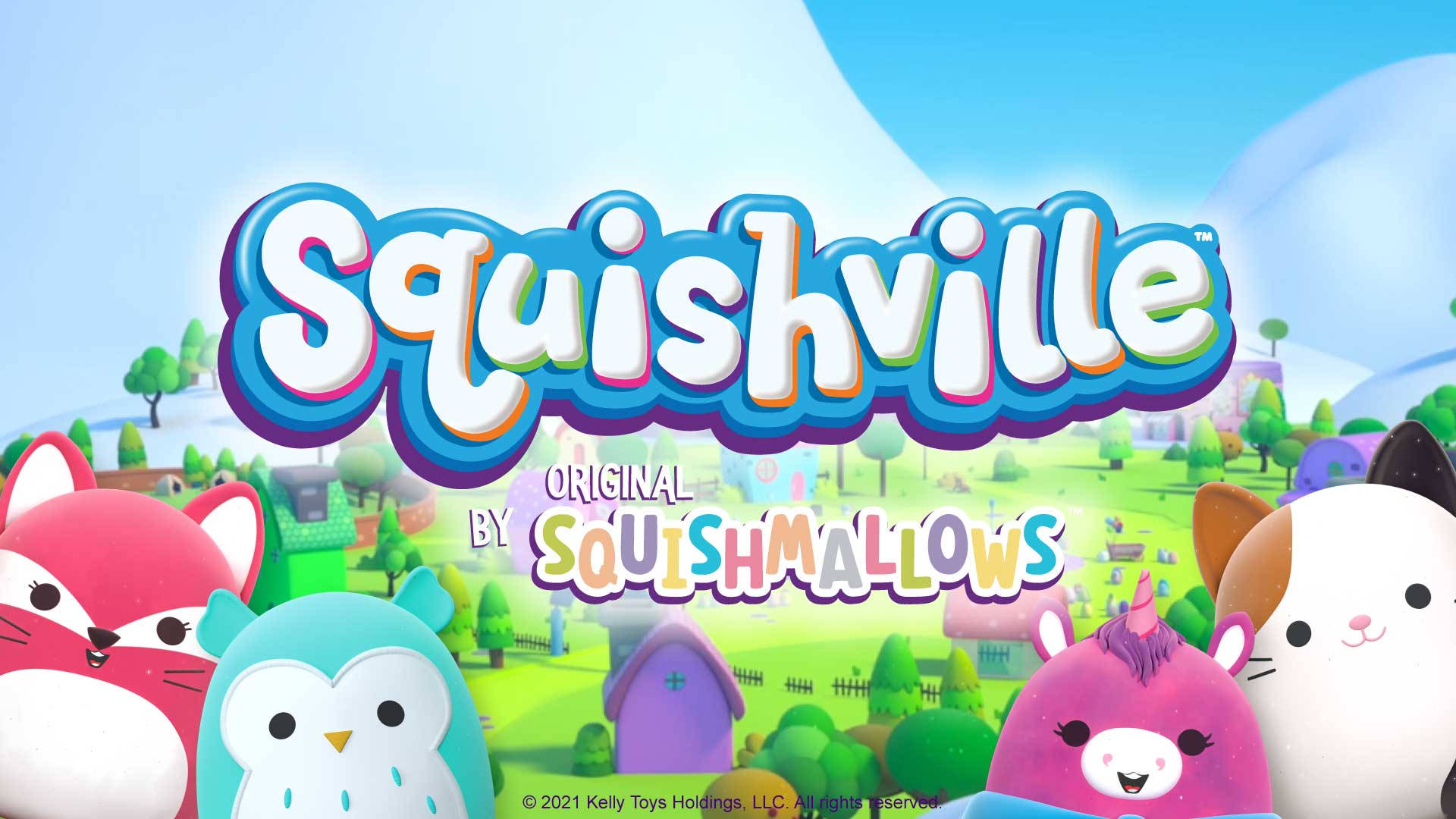 Squishmallows 動畫系列封面 壁紙 — 喺明亮藍天下嘅色彩繽紛村莊入面嘅可愛卡通動物，帶有Squishville標誌。