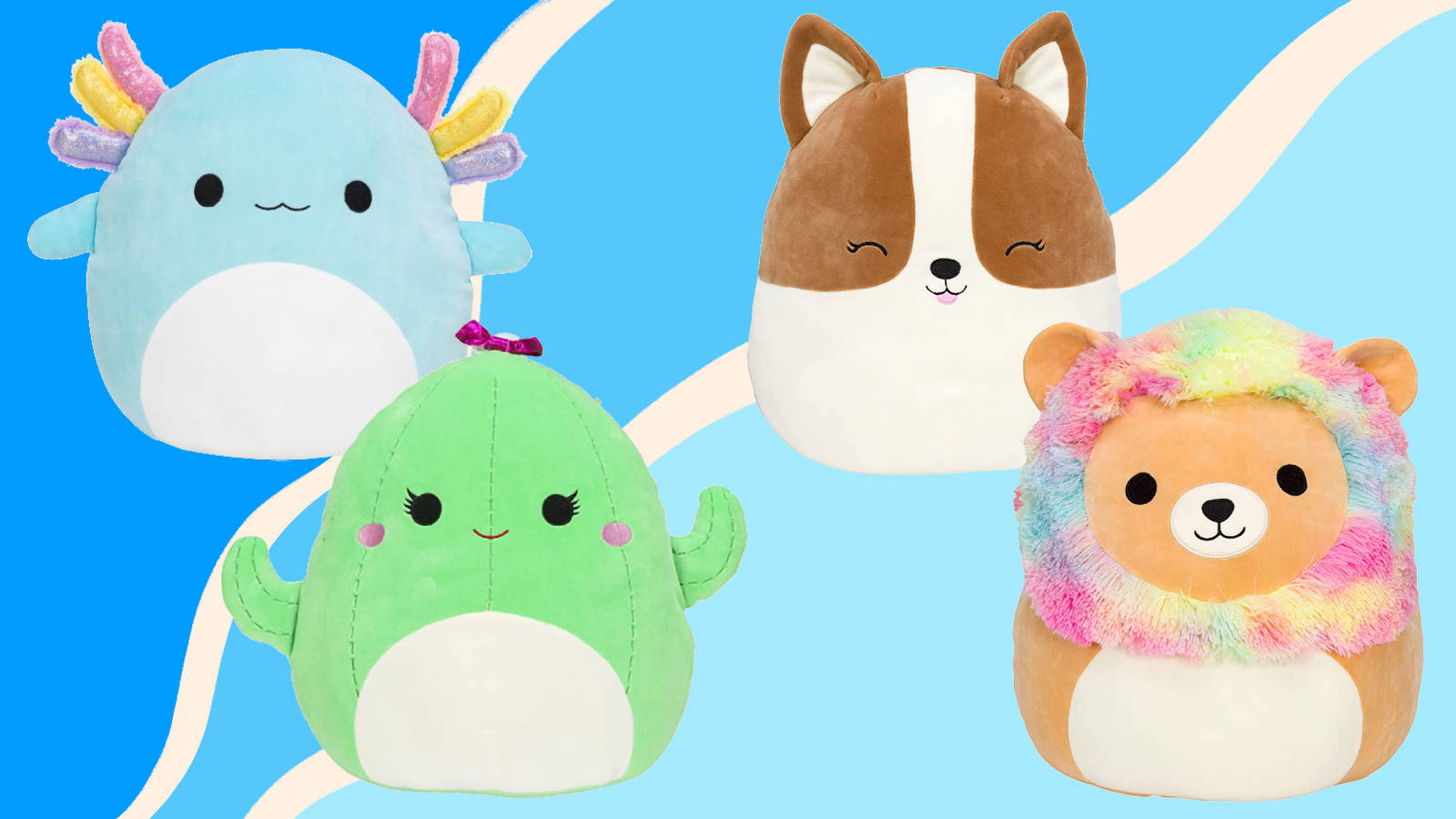 Squishmallows 毛絨玩具粉絲藝術 壁紙 — 四個色彩繽紛的毛絨玩具，帶有可愛動物臉孔和彩虹點綴，漂浮在明亮的藍色背景上。