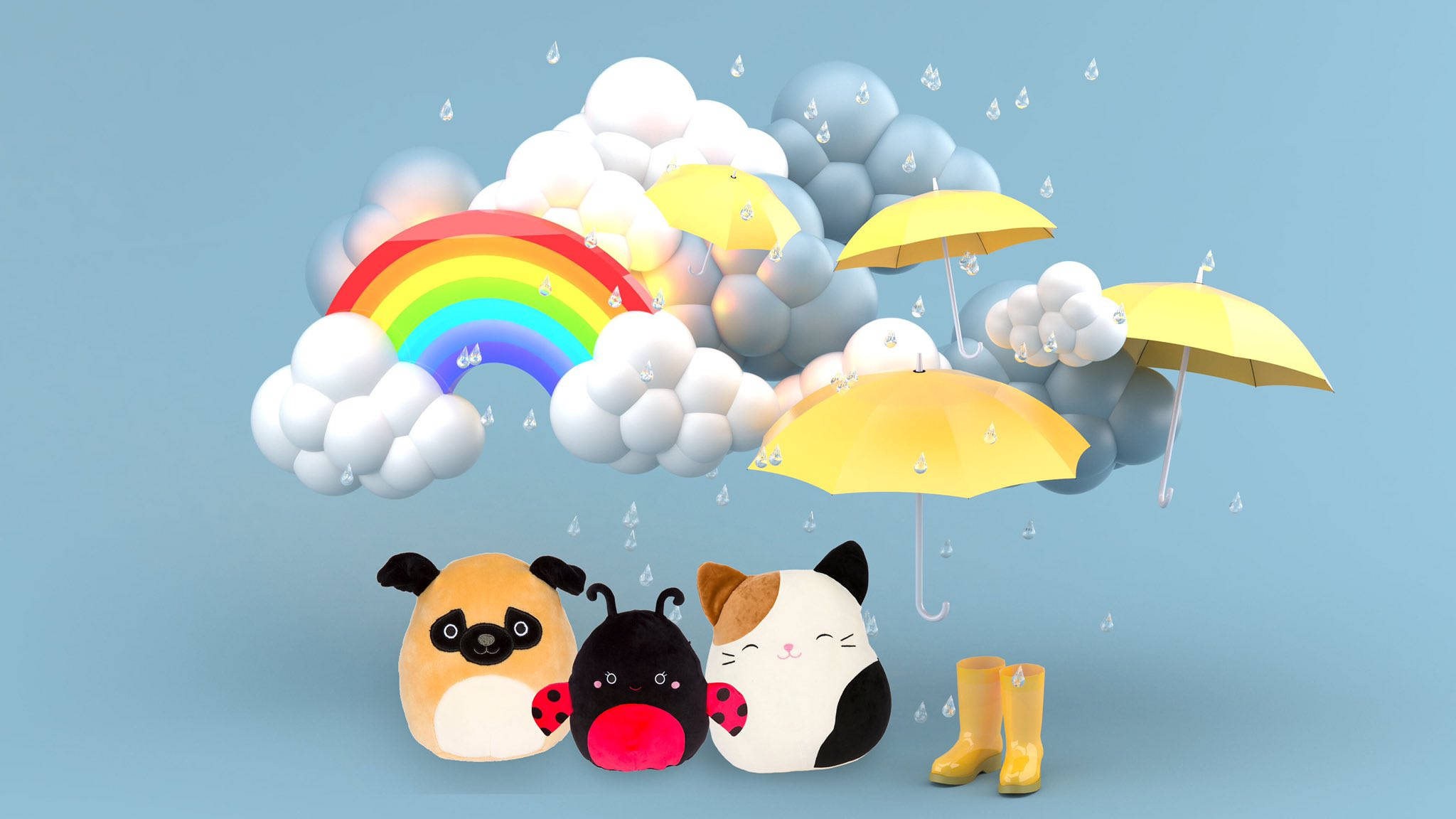 Squishmallows 雨天主題 壁紙 — 三隻可愛嘅毛絨動物同黃色靴企喺浮雲下面，有彩虹同雨傘，仲落緊雨。