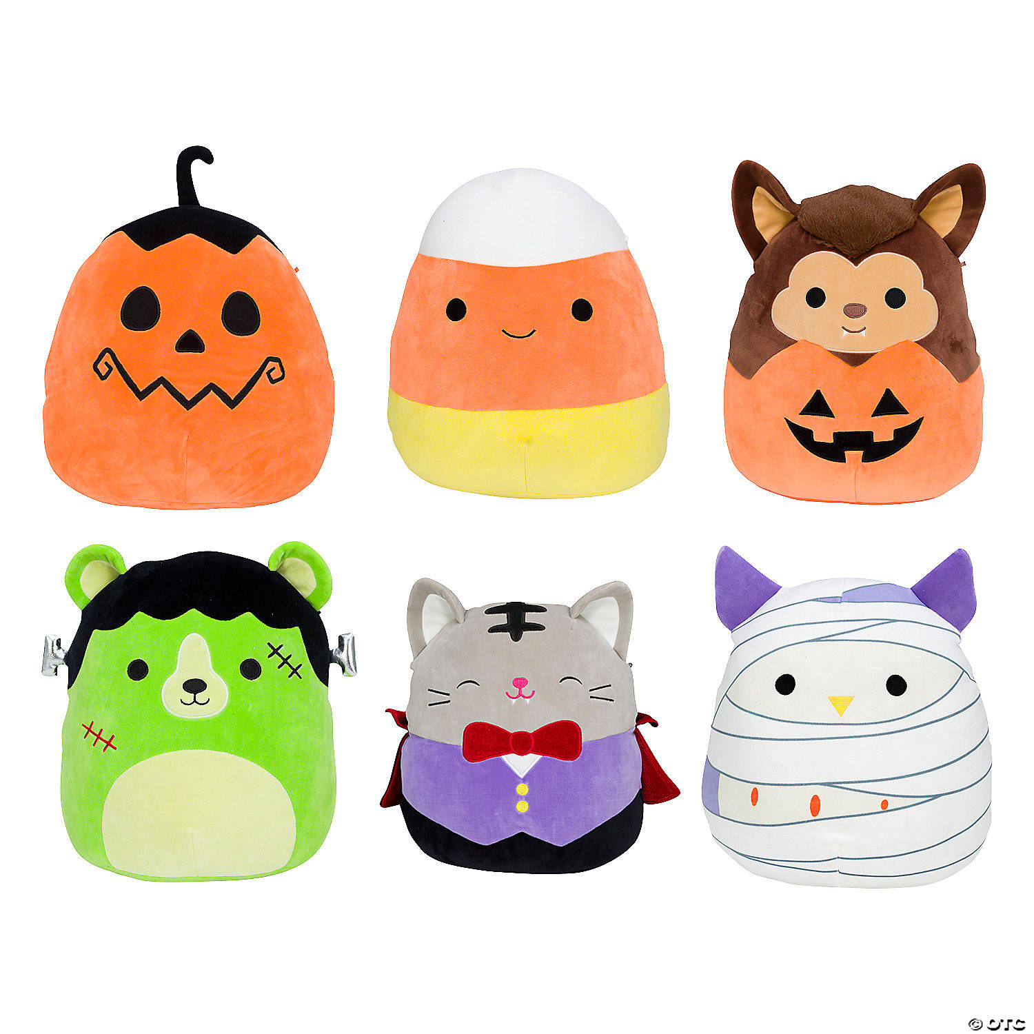 Squishmallows萬聖節毛絨玩具 壁紙 — 六個可愛毛公仔打扮成萬聖節角色，包括南瓜、糖果玉米、猴子、科學怪人、貓咪和木乃伊。