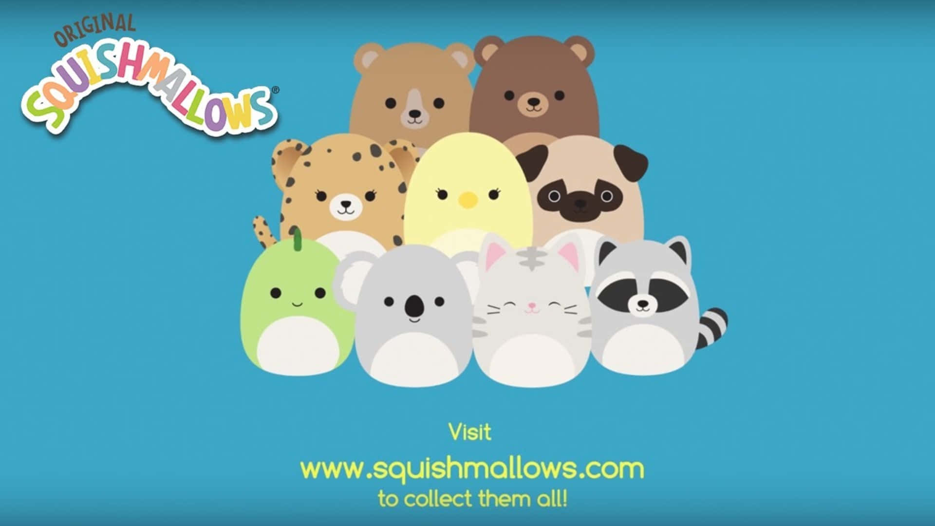 Squishmallow角色風景背景 壁紙 — 一組九個風格化的毛絨動物角色，身體圓潤、眼睛大大，一起坐在純藍色背景上。