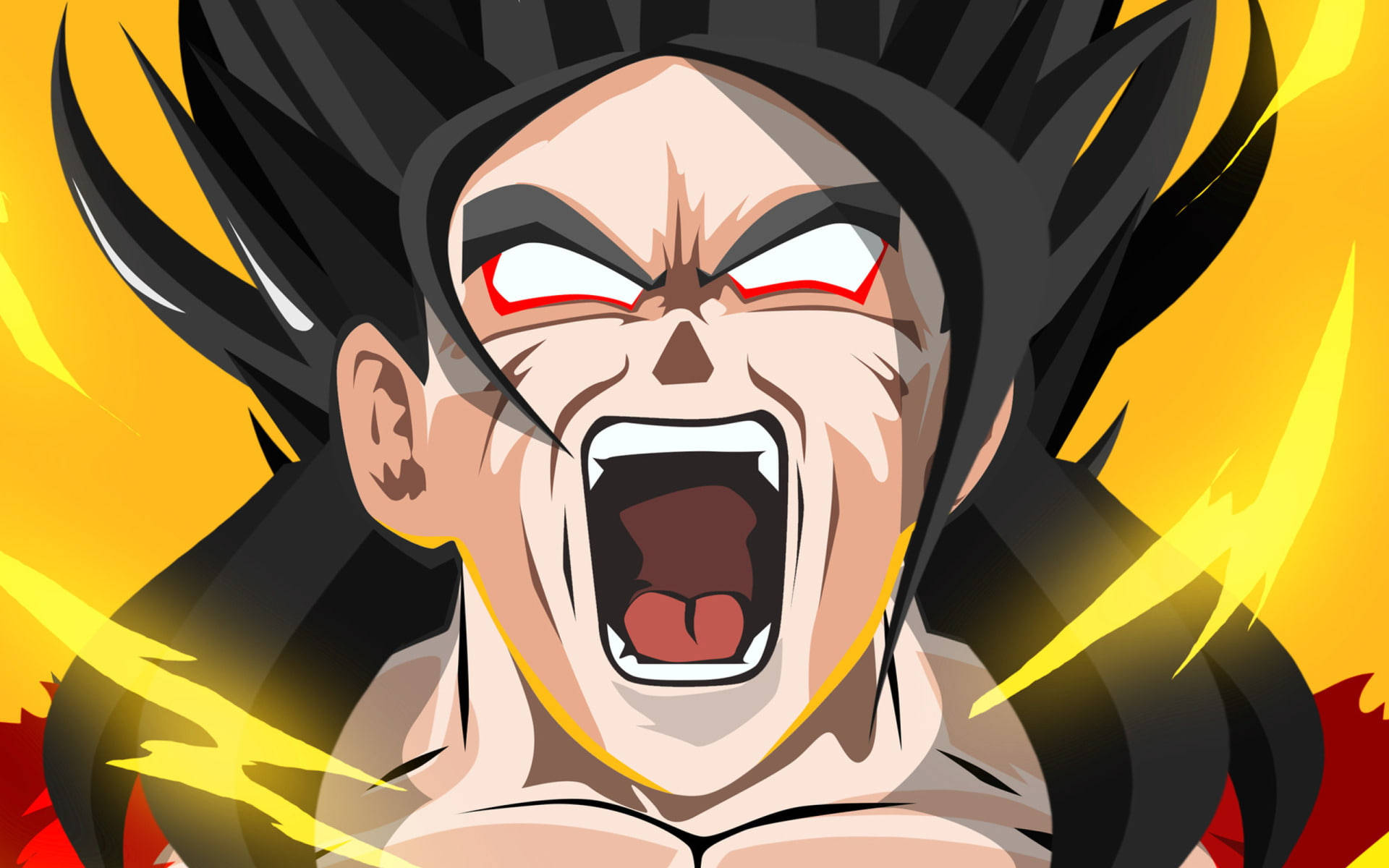 SSJ4悟空變身瞬間 壁紙 — 一個動漫角色在熾熱的黃色和紅色背景前怒吼。