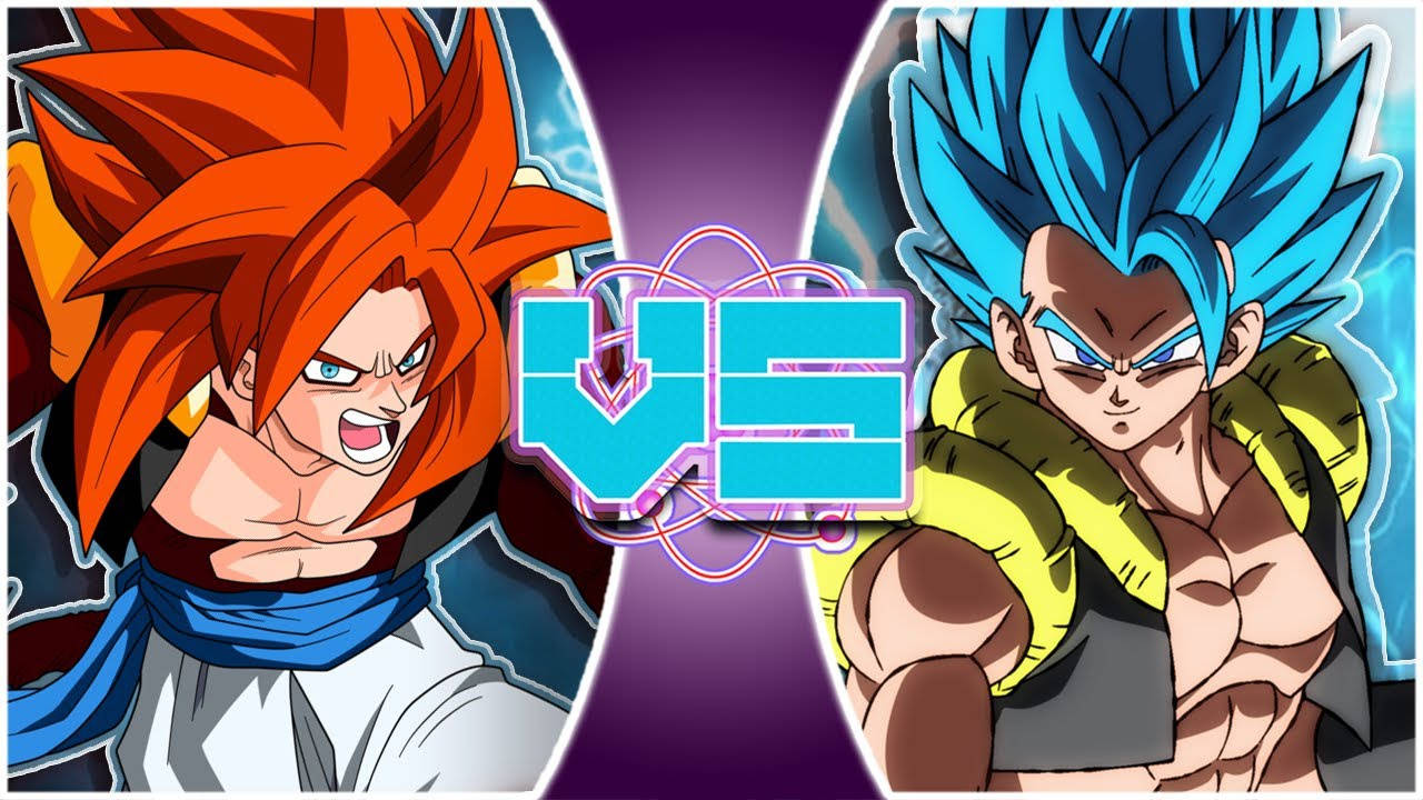 SSJ4 Gogeta 對戰畫面 壁紙 — 兩位強大的動漫戰士在戲劇性的戰鬥場景中對峙，散發著發光的能量和強烈的表情。