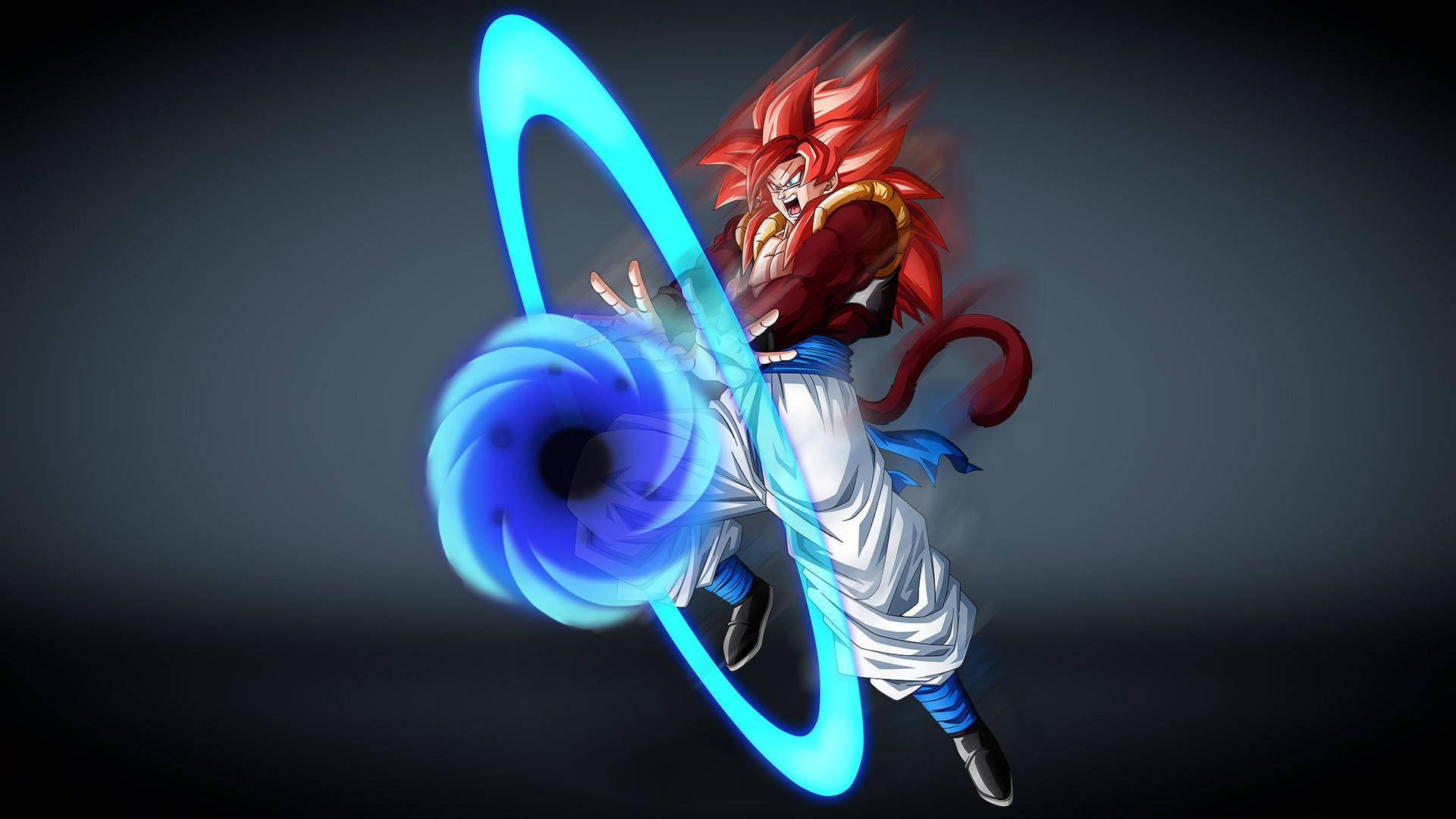 SSJ4 Gogeta 發射能量球 壁紙 — 紅髮紅尾的動漫戰士在黑暗背景下將藍色能量導入旋轉環中。