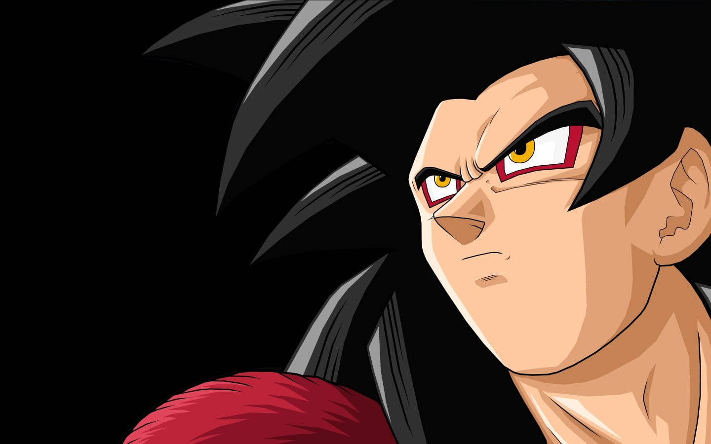SSJ4悟空黑色背景 壁紙 — 動漫角色黑色刺蝟頭紅眼，喺黑色背景前怒視嘅特寫。
