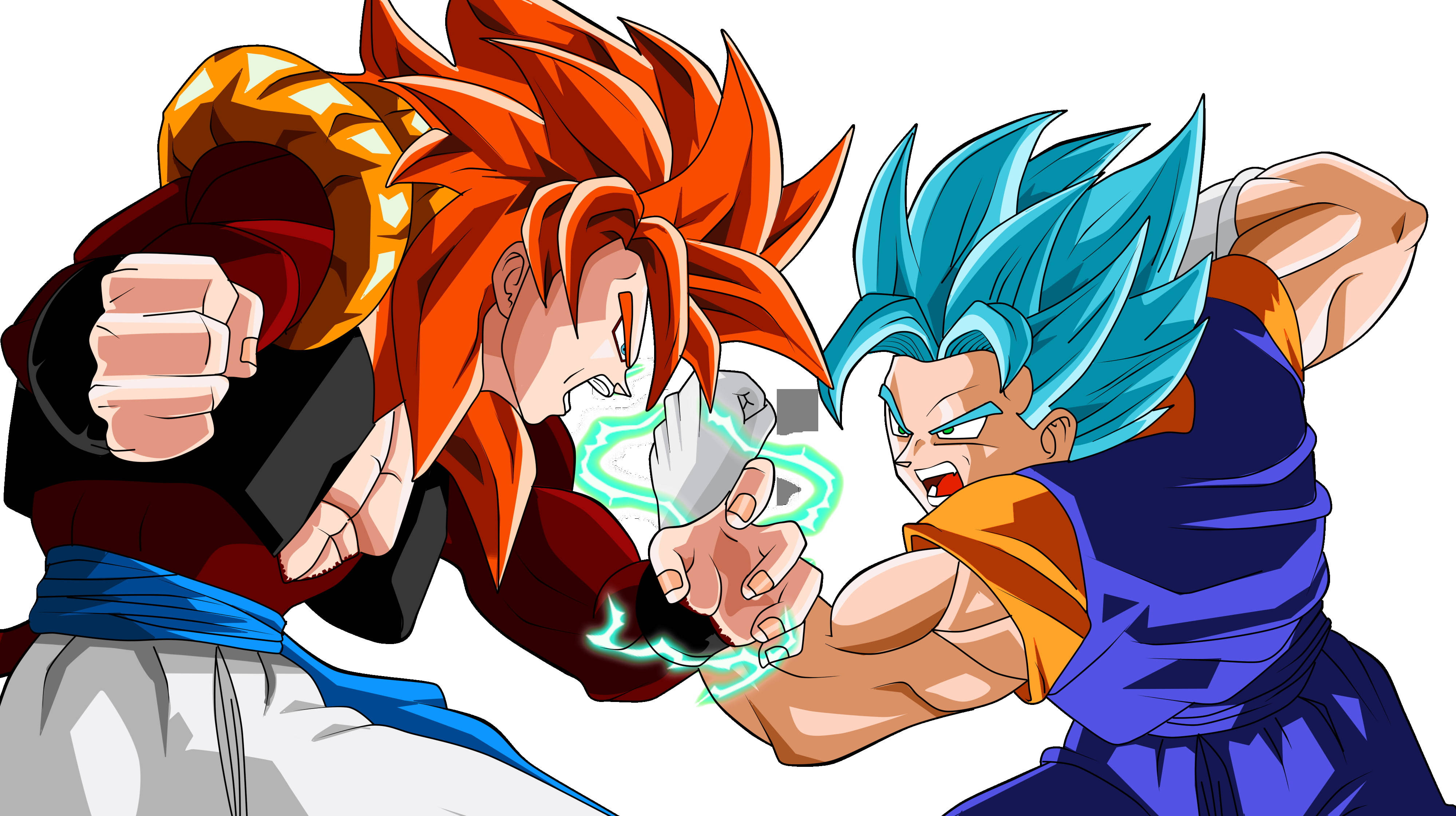 SSJ4 戈吉塔對決 壁紙 — 兩位動漫戰士，擁有尖刺的橙色和藍色頭髮，在白色背景前以發光的能量爆發對拳。