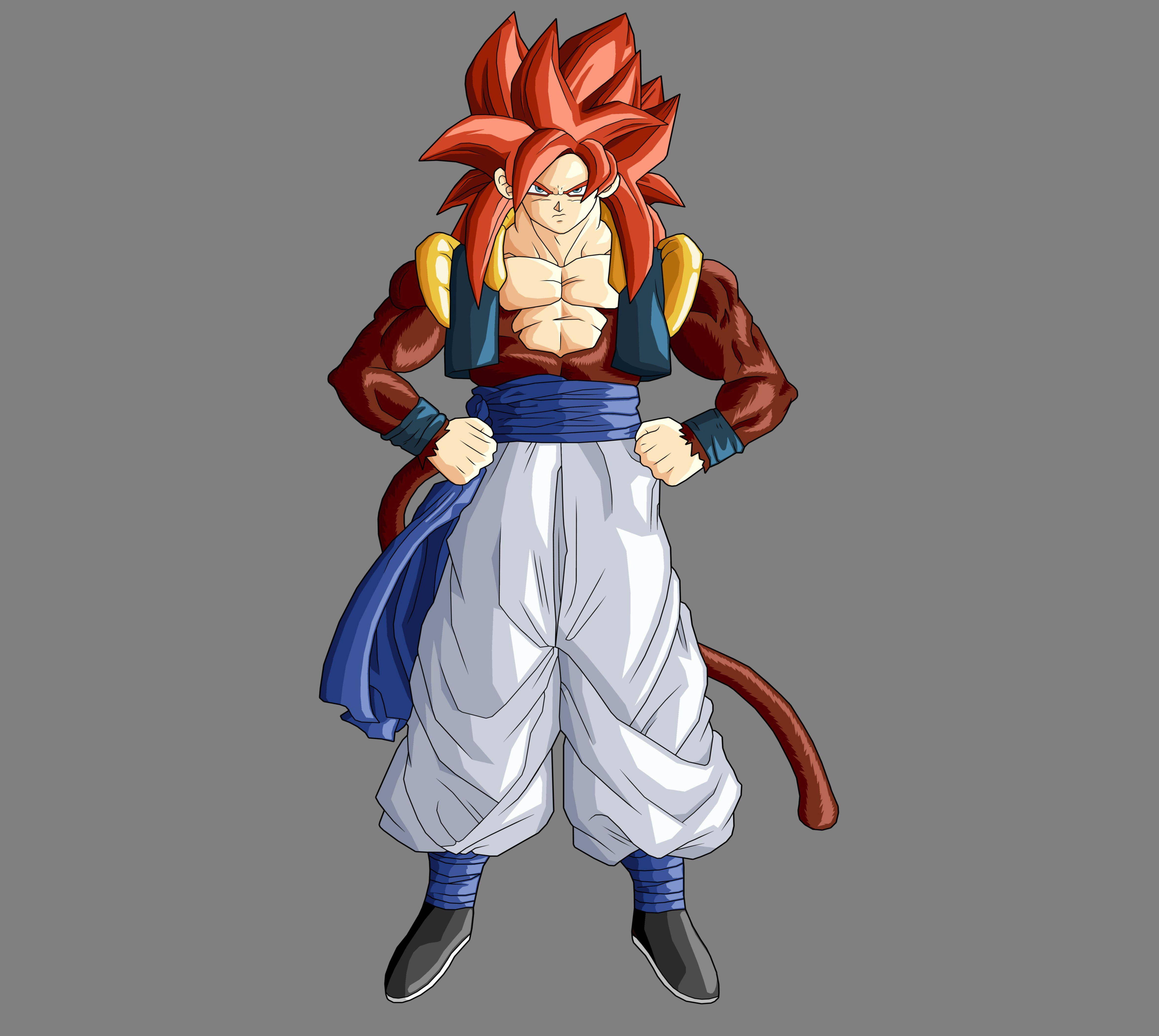 SSJ4 戈吉塔同人藝術 壁紙 — 一個擁有尖刺紅髮和尾巴的強大動漫戰士，自信地以戰鬥姿勢站在純灰色背景前。
