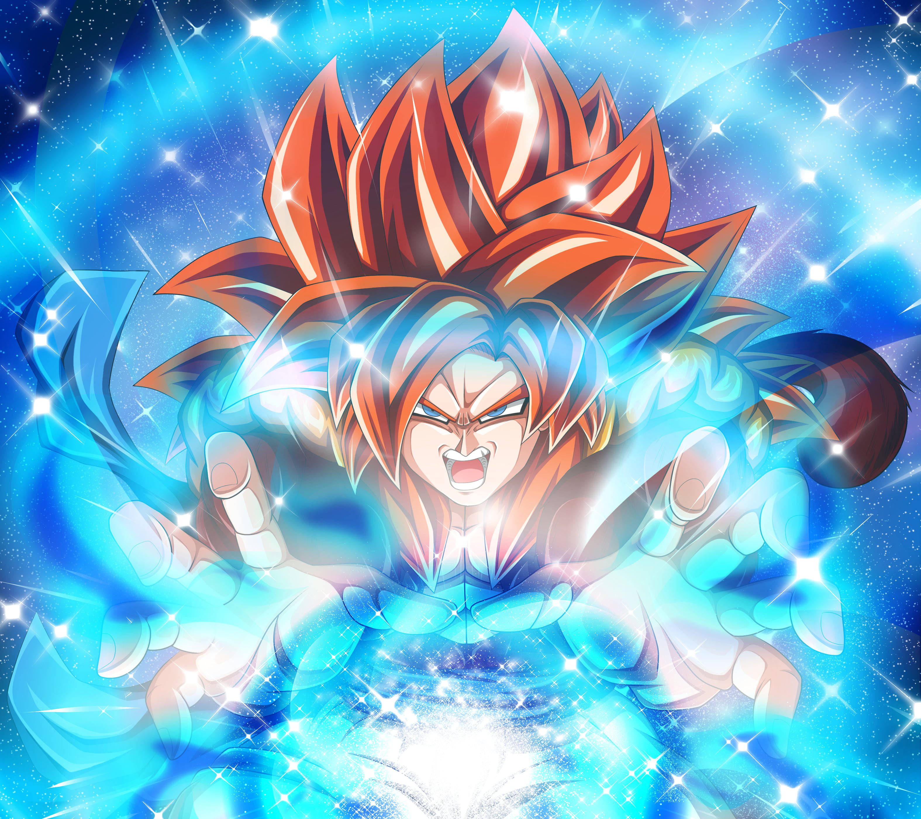SSJ4 戈吉塔發動龜派氣功 壁紙 — 一個強大的動漫角色，有著尖刺的橙色頭髮和發光的藍色光環，在星空宇宙背景下咆哮。