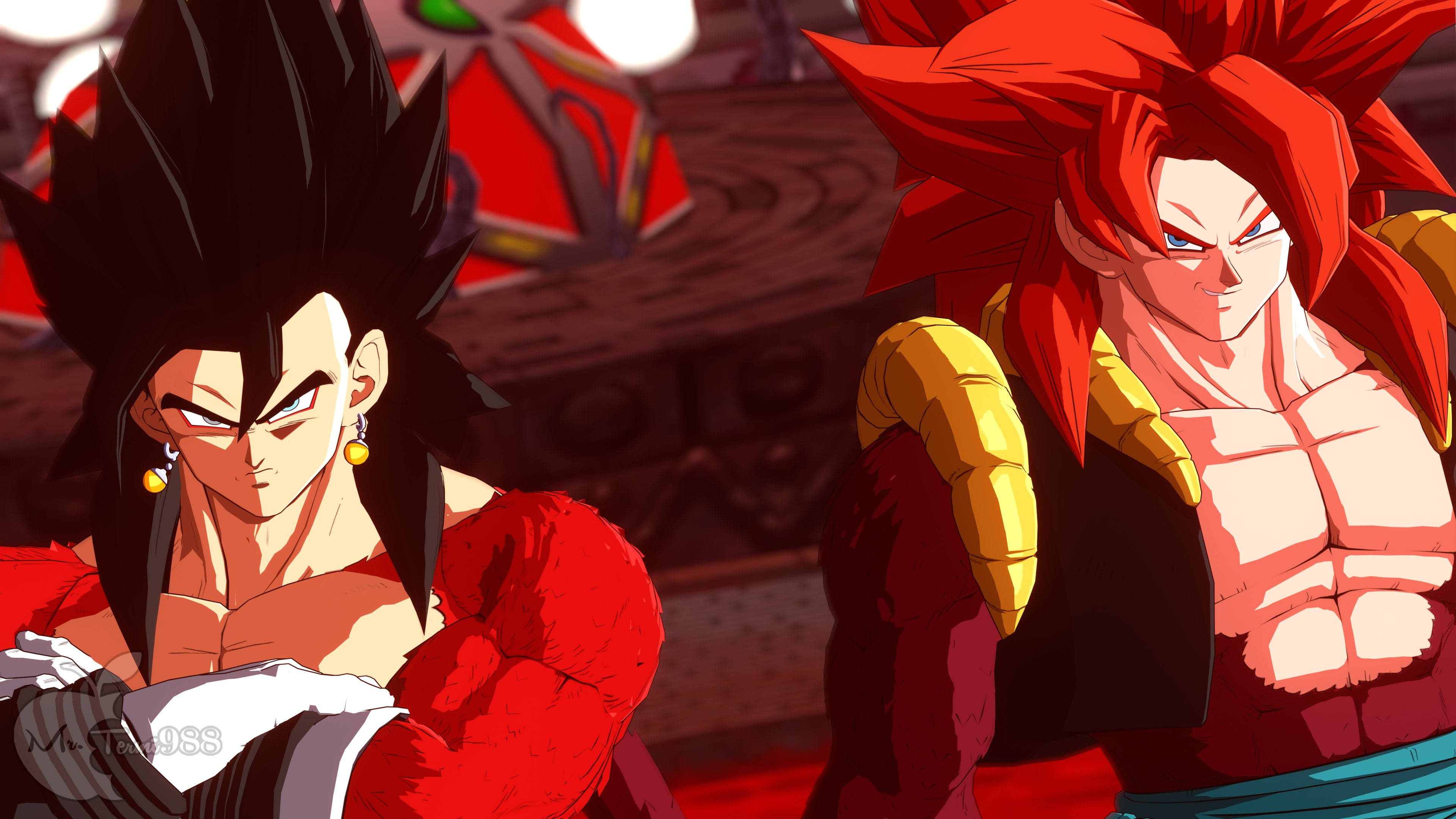 SSJ4 戈吉塔與維格託 壁紙 — 兩名肌肉發達、頭髮尖刺的動漫戰士，在紅色和木質背景下擺出緊張的戰鬥姿態。