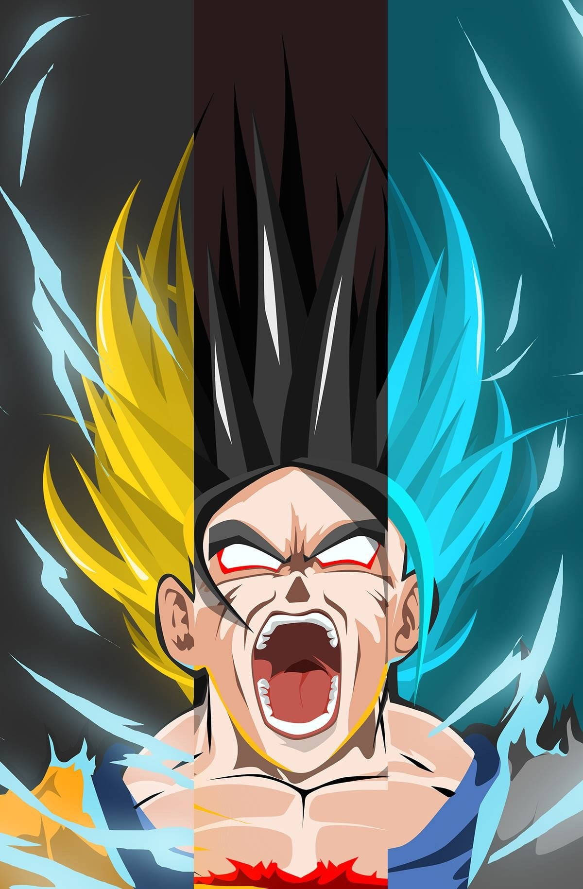 SSJ4悟空垂直版 壁紙 — 一位兇猛的動漫戰士咆哮著，擁有黃色、黑色和藍色三種顏色的頭髮變體，背景是動態的能量條紋。