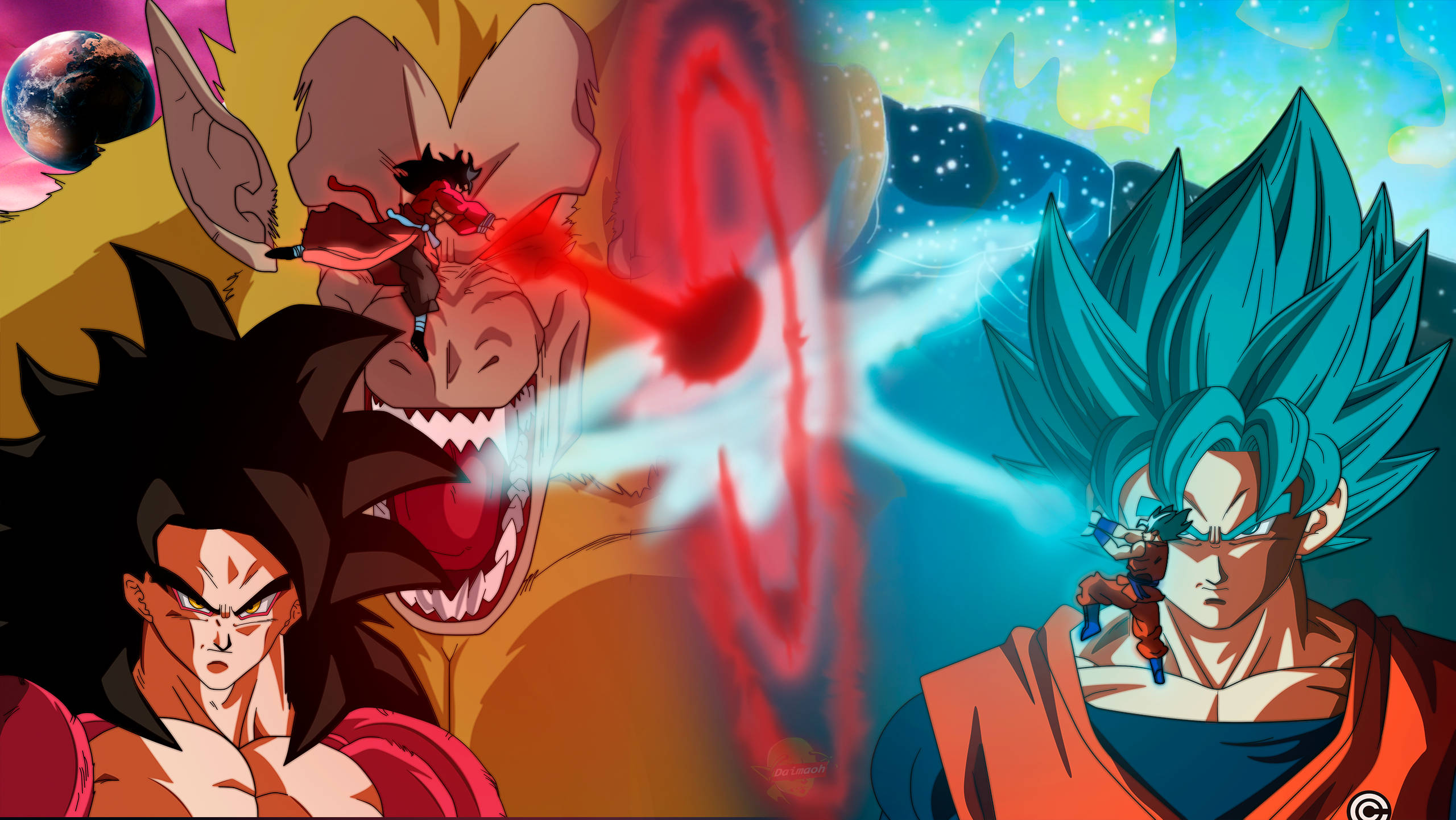 SSJ4悟空對戰布羅利 壁紙 — 兩名賽亞戰士在宇宙戰鬥中碰撞，伴隨著能量爆炸和一隻巨大的猿類怪物在他們身後若隱若現。