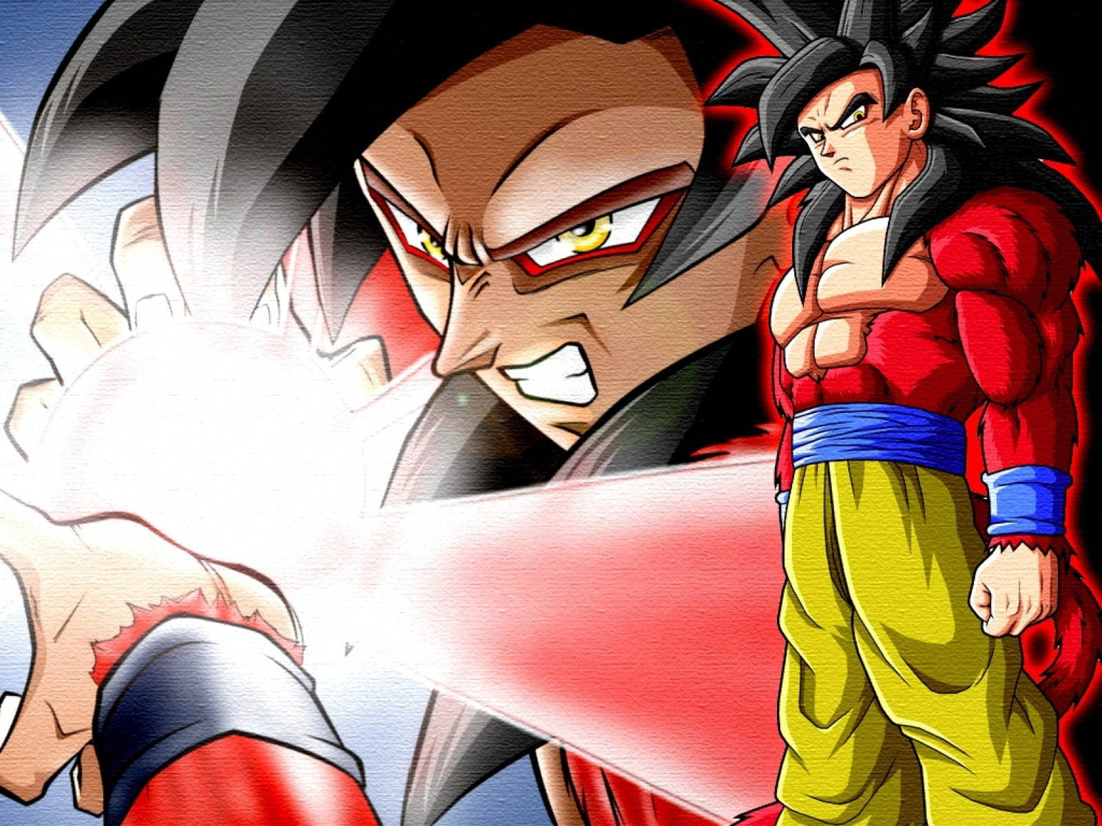 SSJ4悟空怒目 壁紙 — 兩名身穿紅色和黃色戰鬥裝備的動漫戰士，帶著兇猛的表情釋放出強大的能量爆炸。