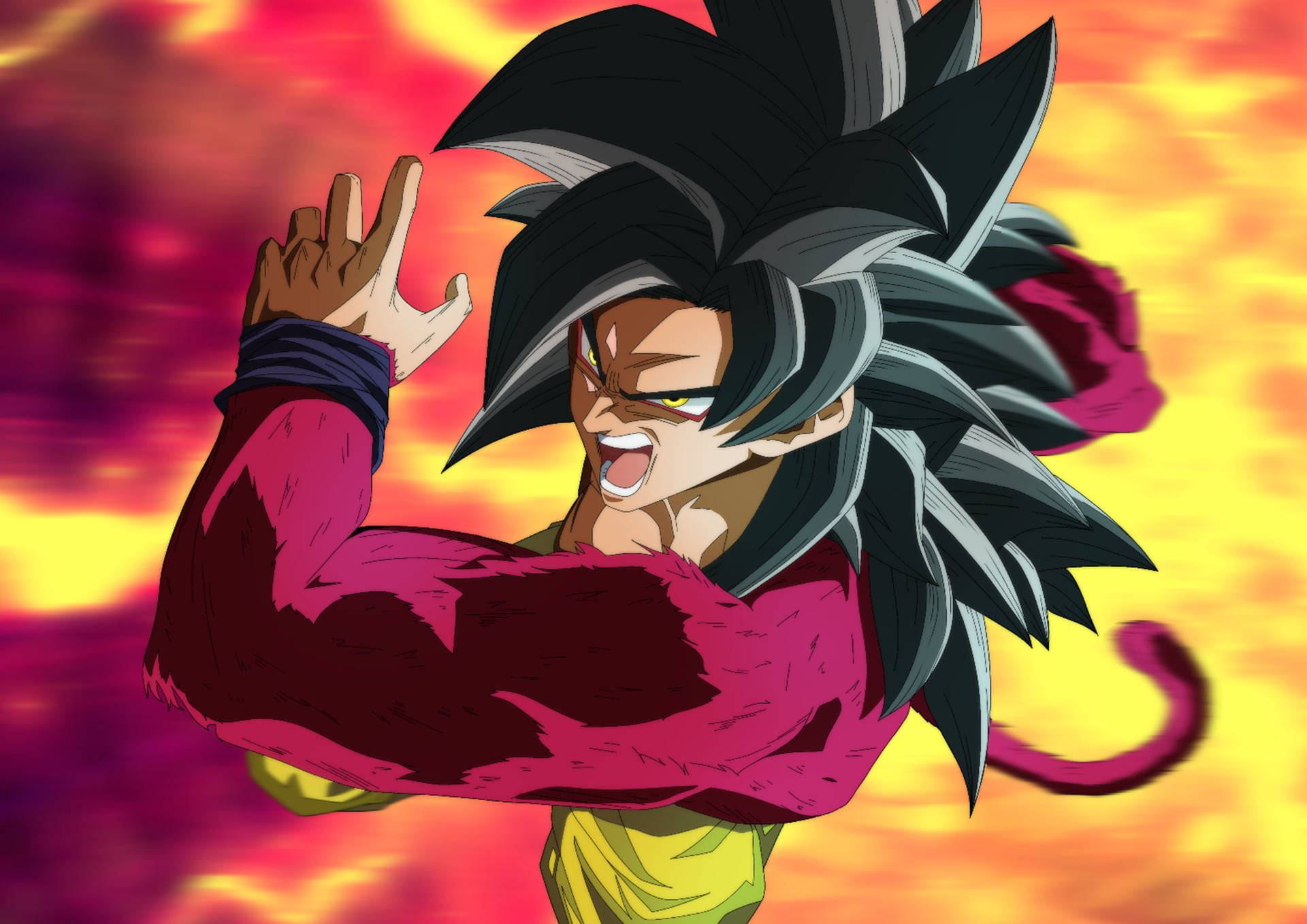 SSJ4悟空戰鬥姿勢 壁紙 — 擁有尖刺黑色和銀色頭髮的動漫角色，在火紅橙色和紫色的天空下強力地展示肌肉。