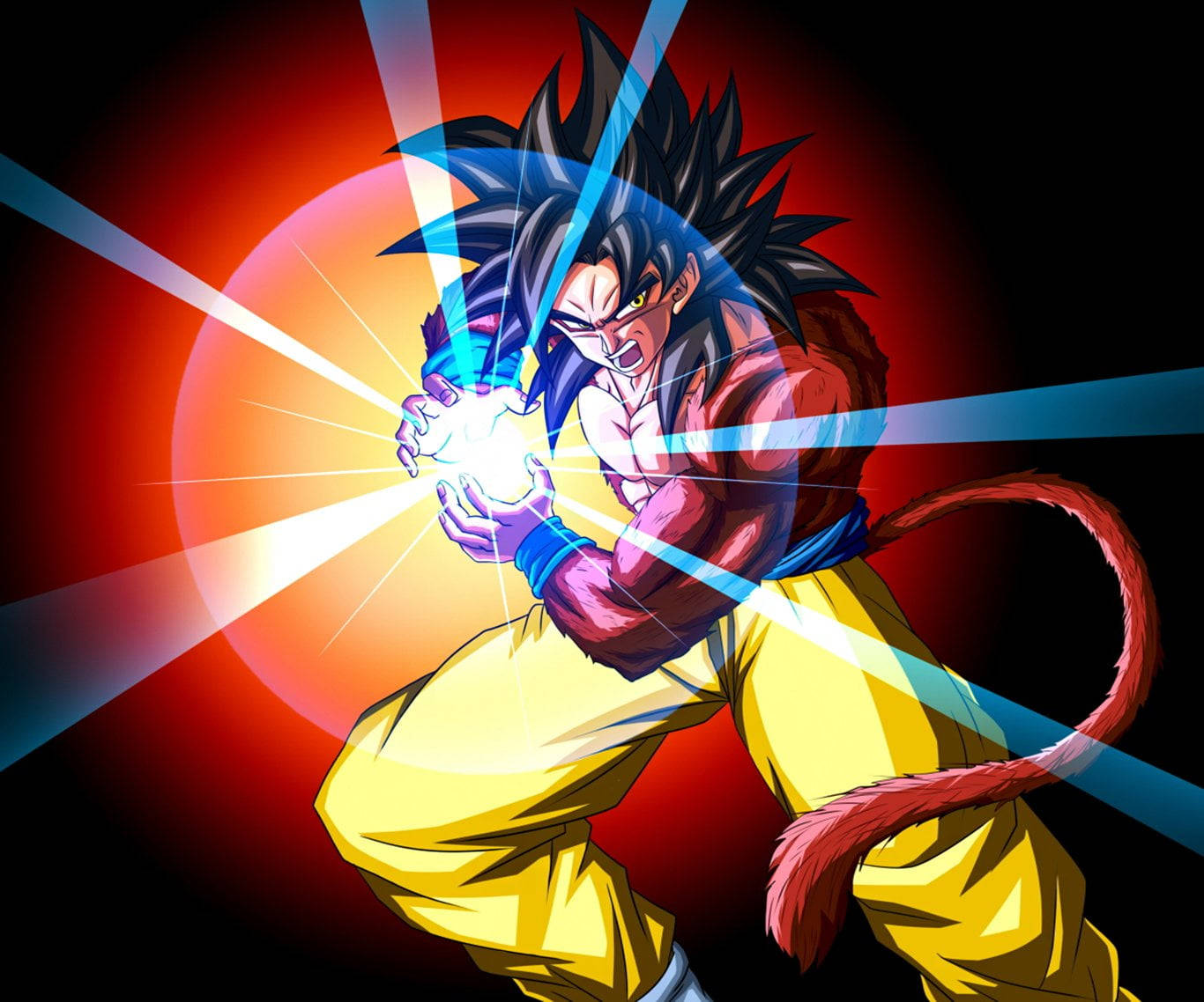 SSJ4悟空白色能量球 壁紙 — 一位擁有尖刺頭髮和尾巴的強大動漫戰士，在火紅背景前以動態姿勢引導發光的藍色能量。