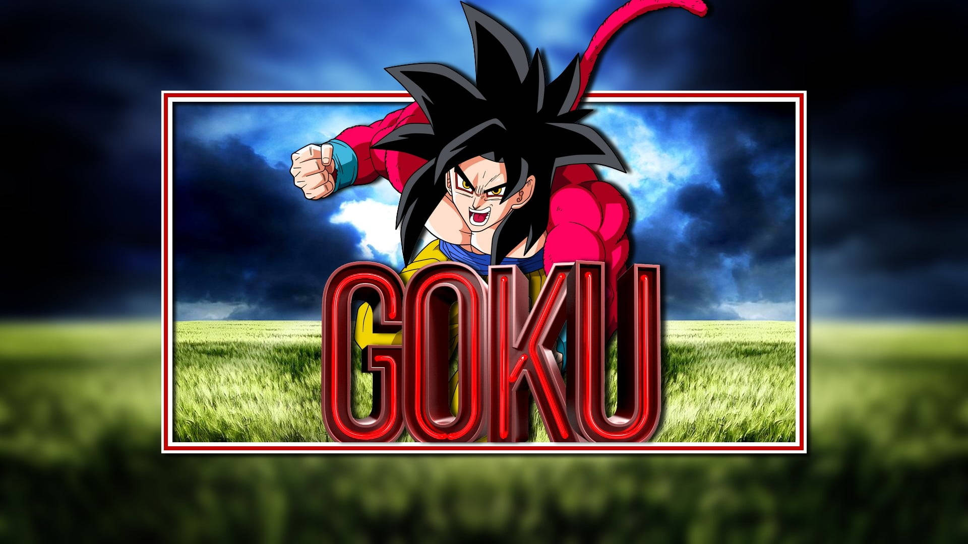 SSJ4悟空經典編輯版 壁紙 — 動漫角色悟空身穿紅藍道服，在暴風雨天空下的草地上，以強而有力的姿態站立於裱框場景中。