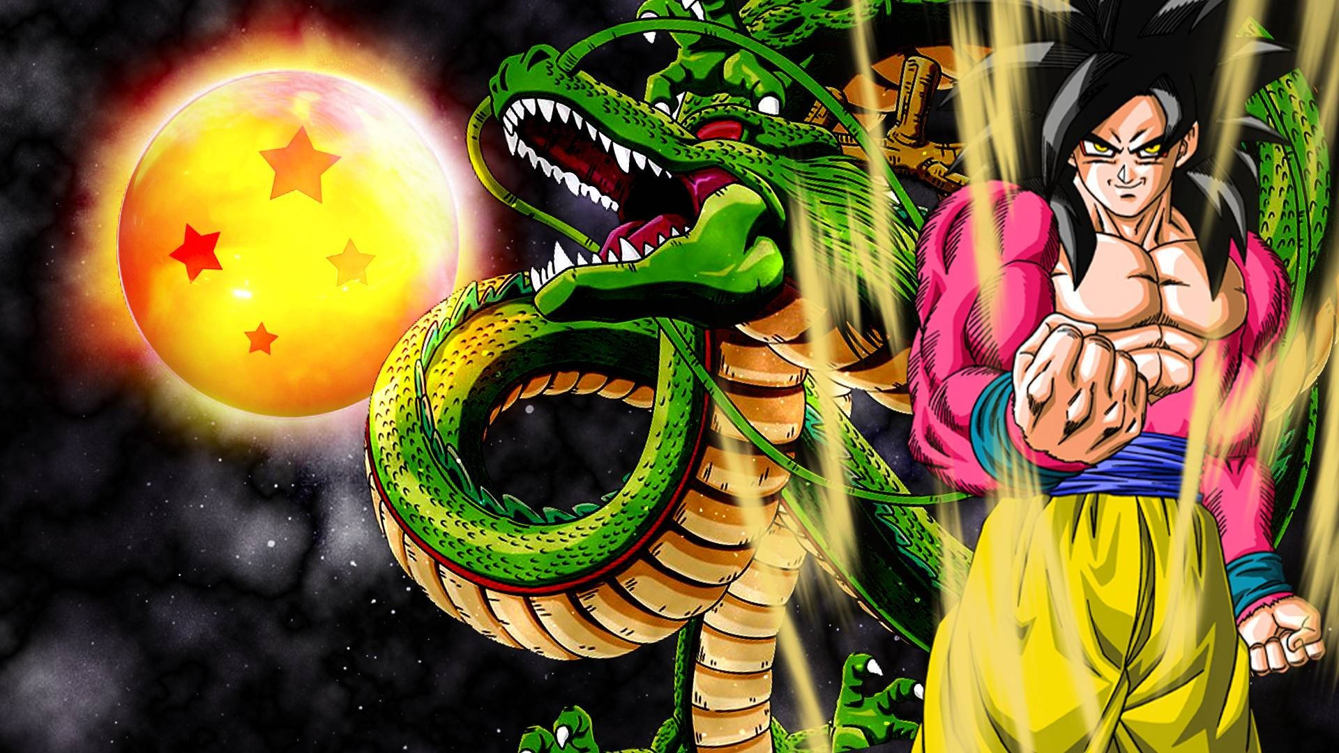 SSJ4悟空與神龍 壁紙 — 一個粉紅色和黃色的肌肉發達的動漫戰士，在繁星點點的天空和發光行星的背景下，挑釁地站在咆哮的綠色巨龍旁邊。