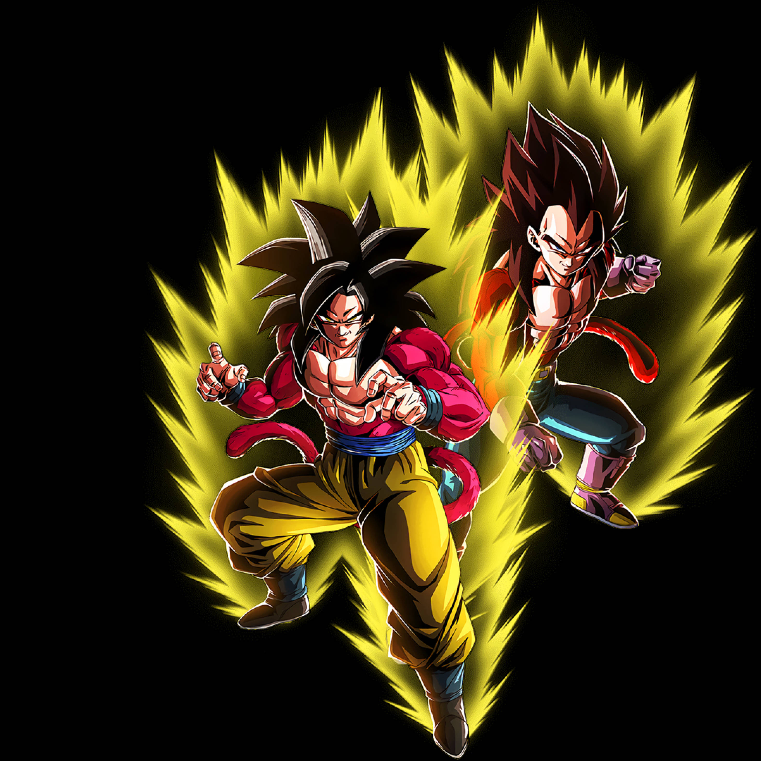 SSJ4悟空與貝吉塔發光 壁紙 — 兩名肌肉發達的動漫戰士身穿紅色和黃色戰鬥裝備，向黑色虛空釋放出發光的黃色能量爆炸。