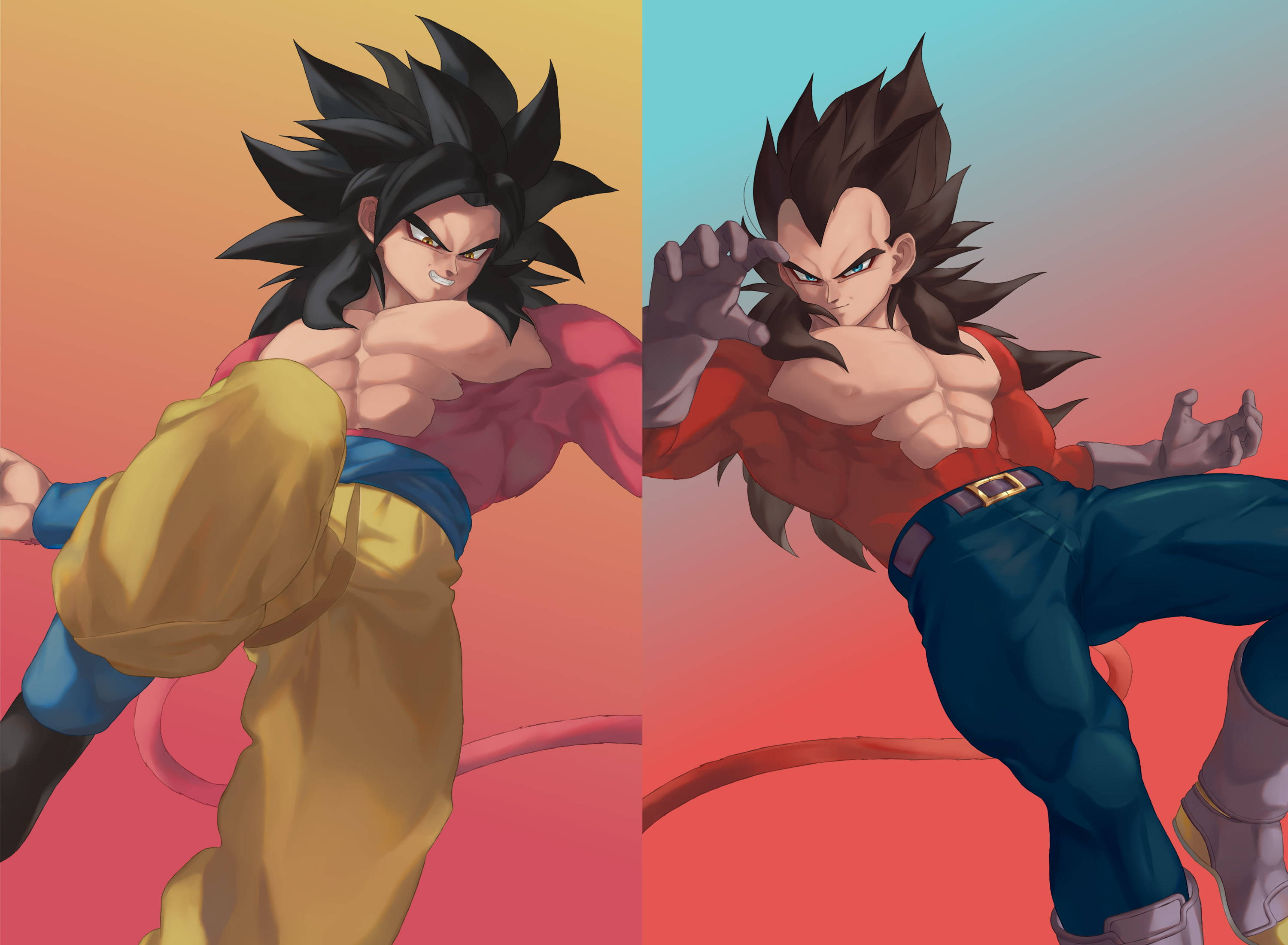 SSJ4悟空與貝吉塔藝術圖 壁紙 — 兩位動漫戰士在溫暖漸變背景前擺出動態戰鬥姿勢。
