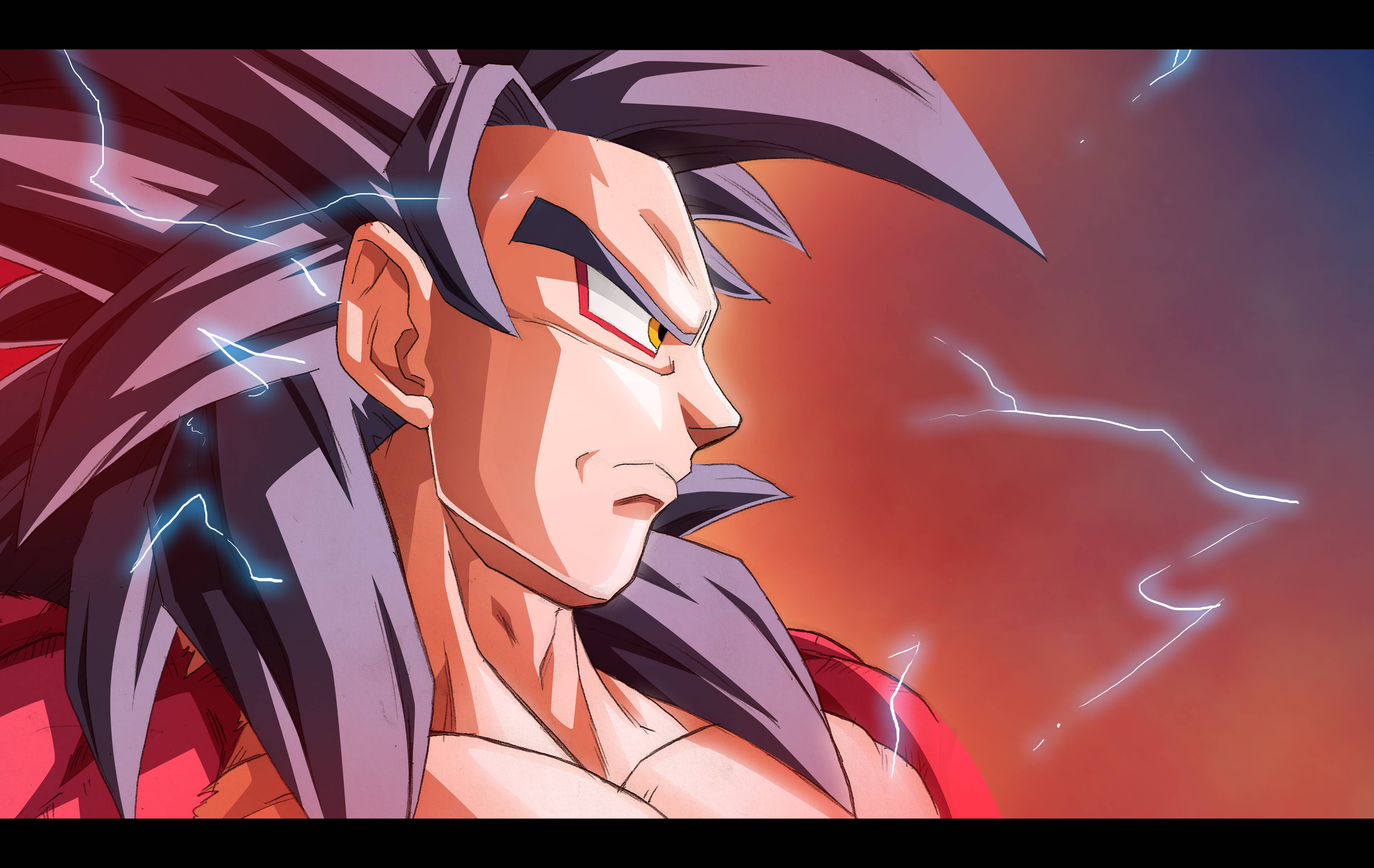 SSJ4悟空閃電爆發 壁紙 — 動漫戰士，擁有尖刺紫色頭髮和發光眼睛，被電藍色閃電包圍，背景是火紅的天空。