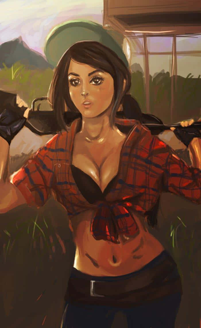 Sssniperwolf 數位彩繪牛仔女郎 壁紙 — 一位自信的女人穿著紅色格仔襯衫和綠色帽子，在戶外持步槍，背景是山脈。