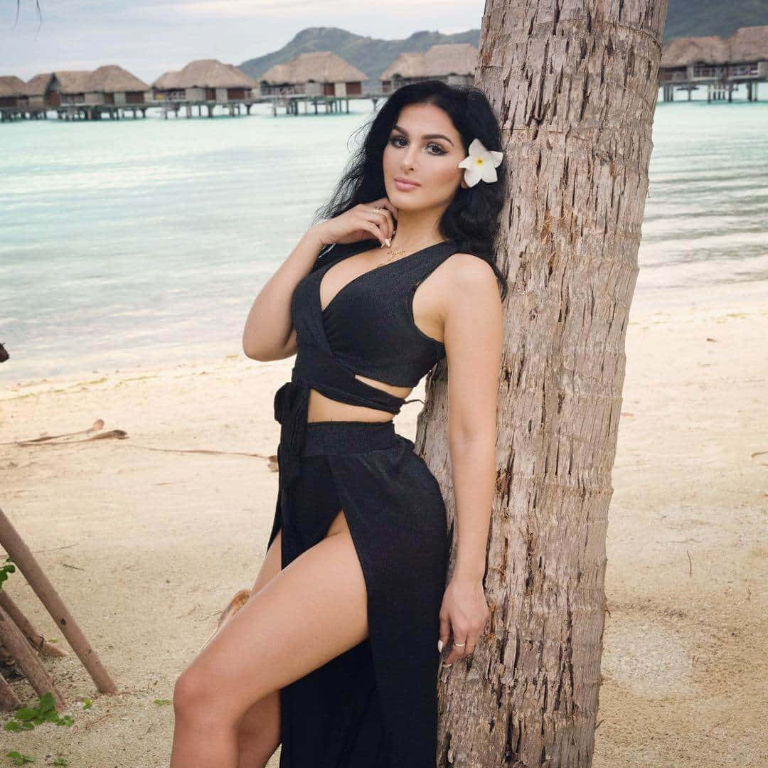 Sssniperwolf 海灘寫真 壁紙 — 一位身穿黑色連衣裙的女性倚靠著棕櫚樹，背景是熱帶海灘上的水上平房。