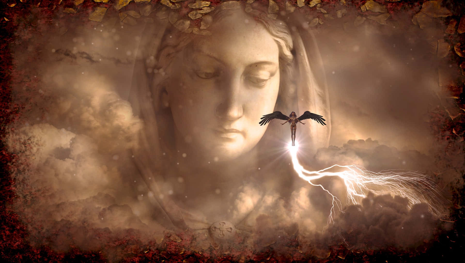 st maria 壁紙 — 一個寧靜的天使面孔俯視，一個有翼的人物在閃電上穿過被秋葉環繞的暴風雲上升。