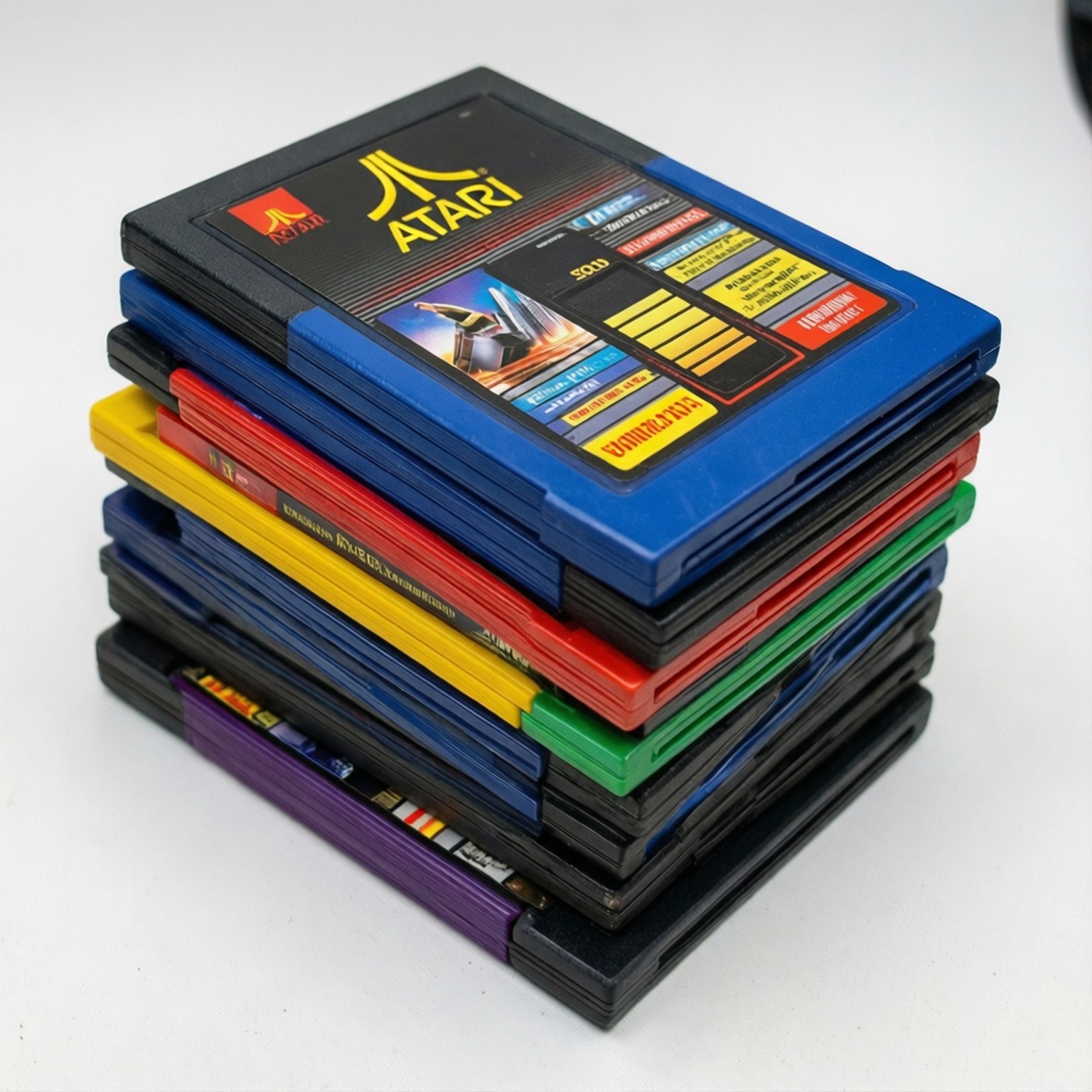 atari 桌布 壁紙 — 一堆色彩繽紛的復古Atari 2600遊戲卡帶，放在乾淨的白色背景上。