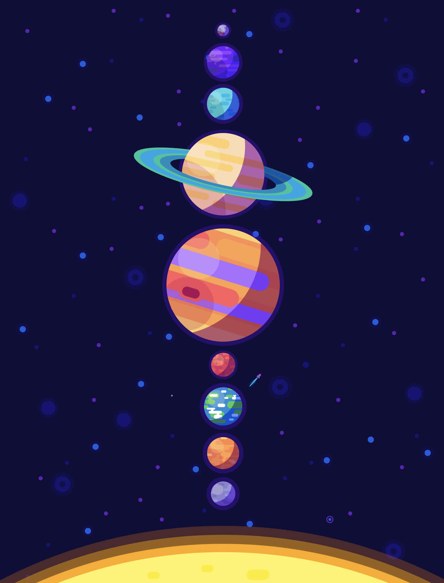 Kurzgesagt 的迷人宇宙插畫 壁紙 — 一個充滿活力的垂直堆疊風格化行星，背景是繁星點點的夜空，底部有一個發光的太陽。