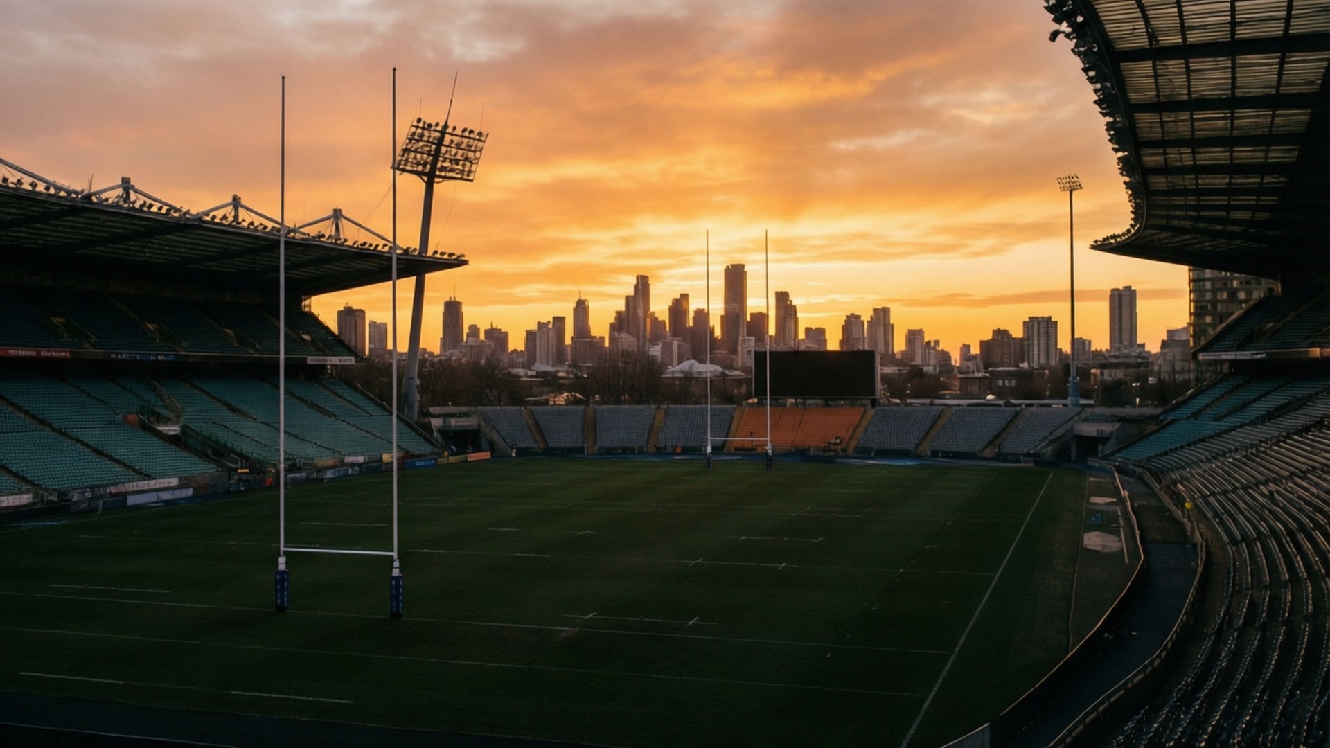 Stadium Sunset Silhouette 壁紙 — 一個空無一人的欖球場在日落時分，金色天空和城市天際線作為背景。