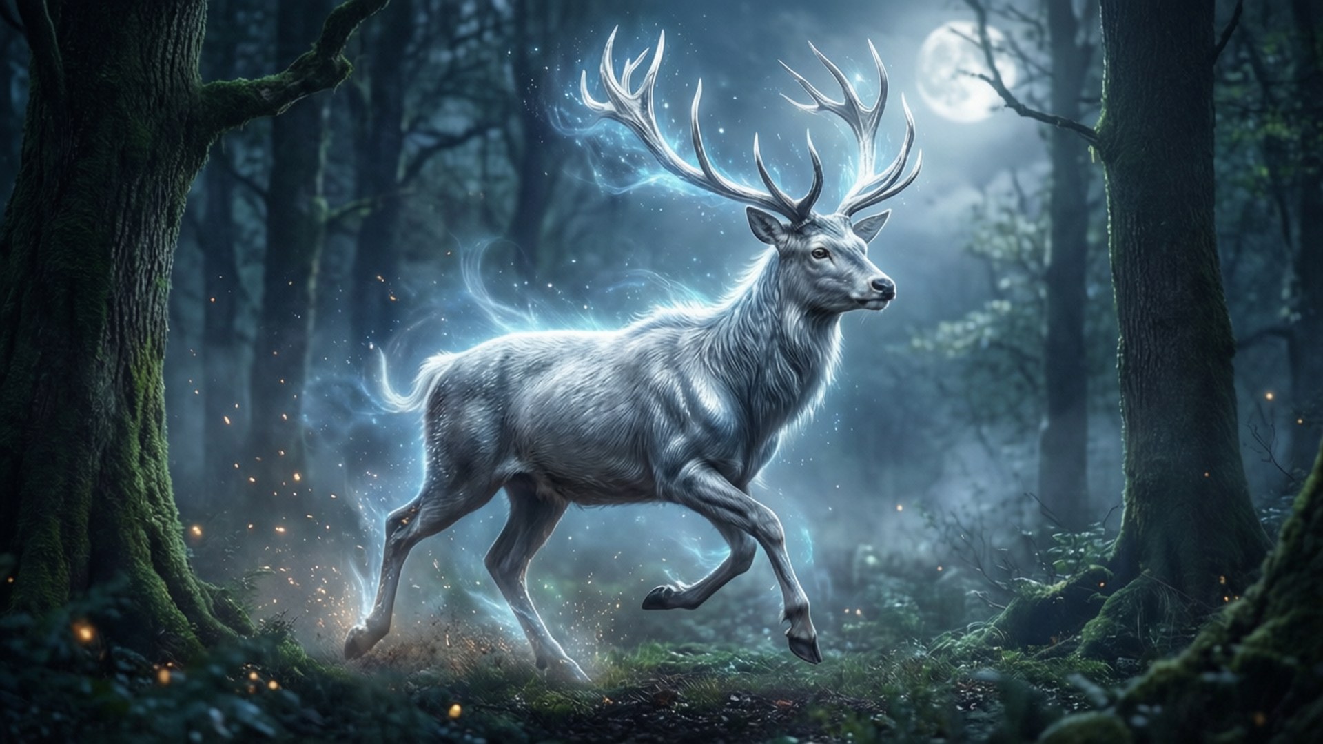 A magical glowing white stag running through a dark enchanted forest under a full moon. 壁紙