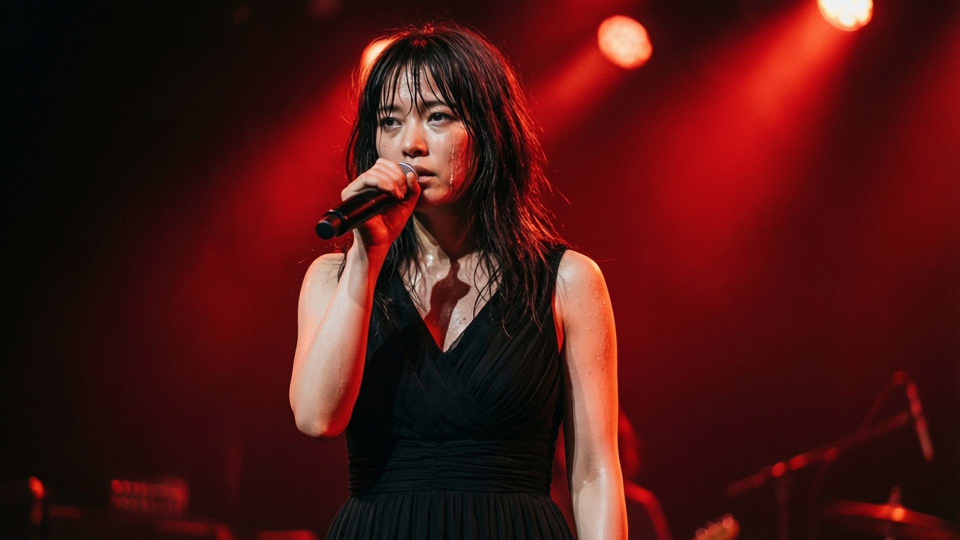 女歌手在紅色燈光下現場舞台表演，皮膚上有汗水。