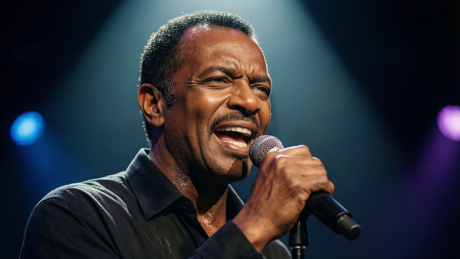 A smiling male singer performing on stage with a microphone. 壁紙