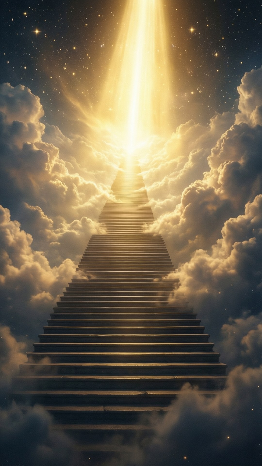 一道發光的樓梯穿過雲層，朝向夜空中的明亮光線上升