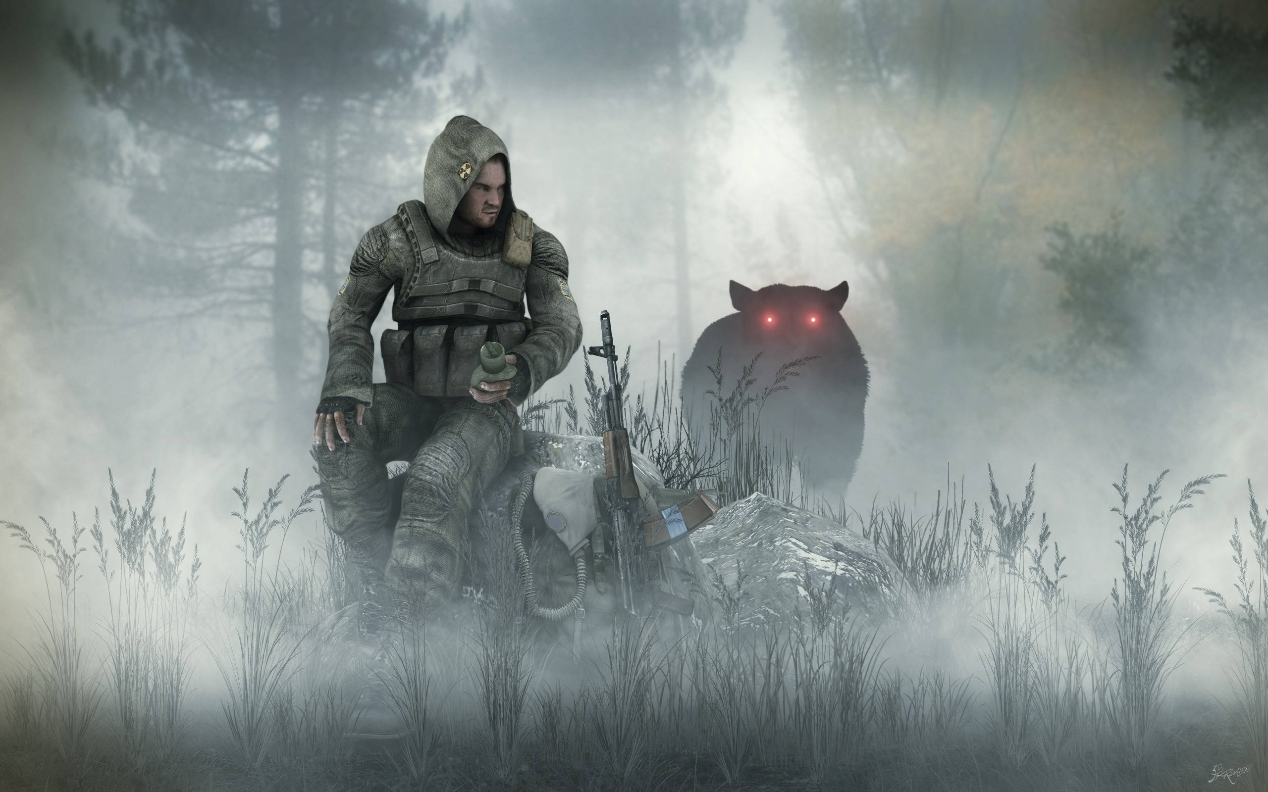 《Stalker》士兵與野獸 壁紙 — 一名戴著兜帽的士兵坐在迷霧森林中，手持手榴彈，身後有一隻發著紅光的熊若隱若現。